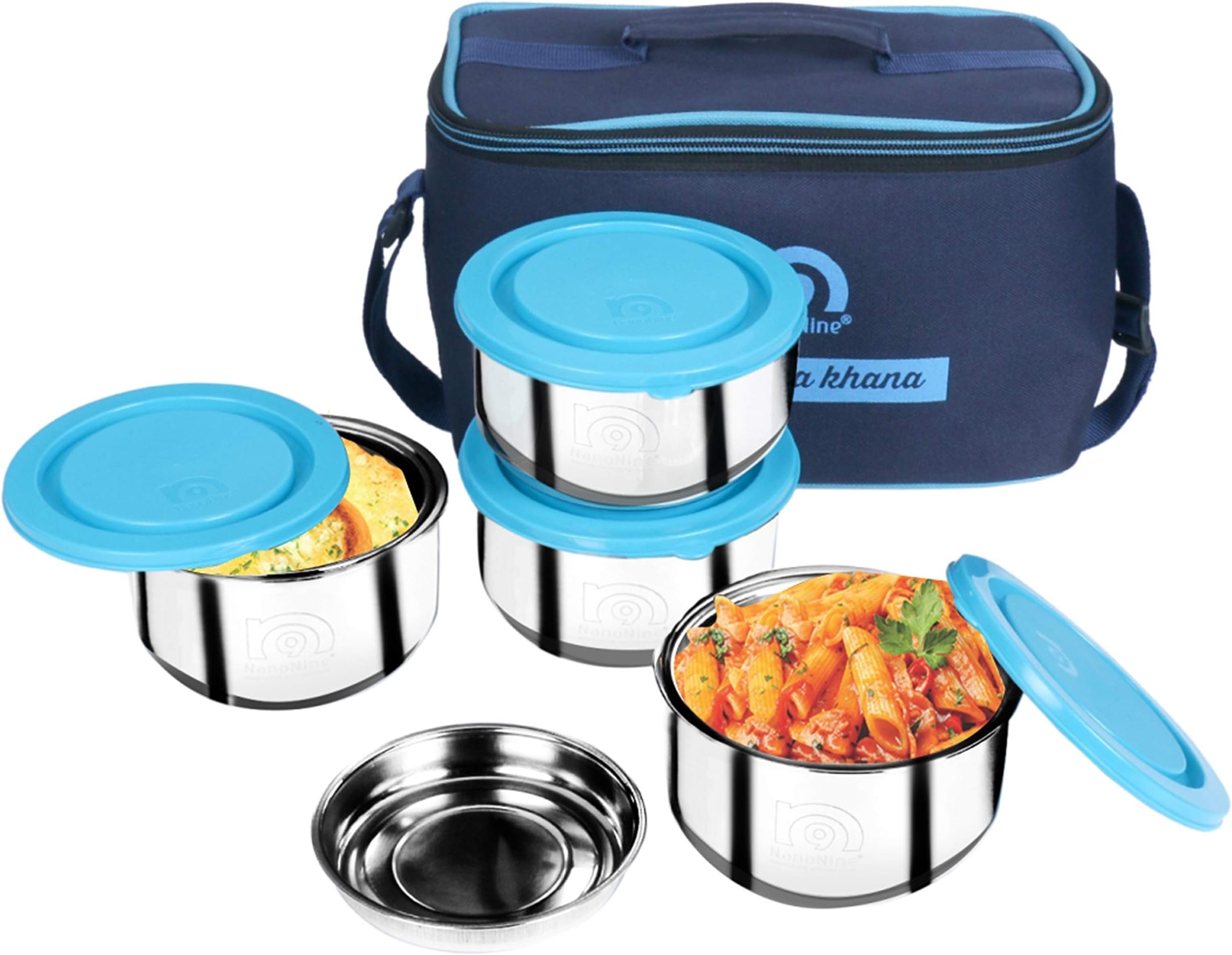 NanoNineTiffiny Mid Day Double Wall Insulated Stainless Steel Lunch Box, 260 ml, 4 pc, Royal Blue