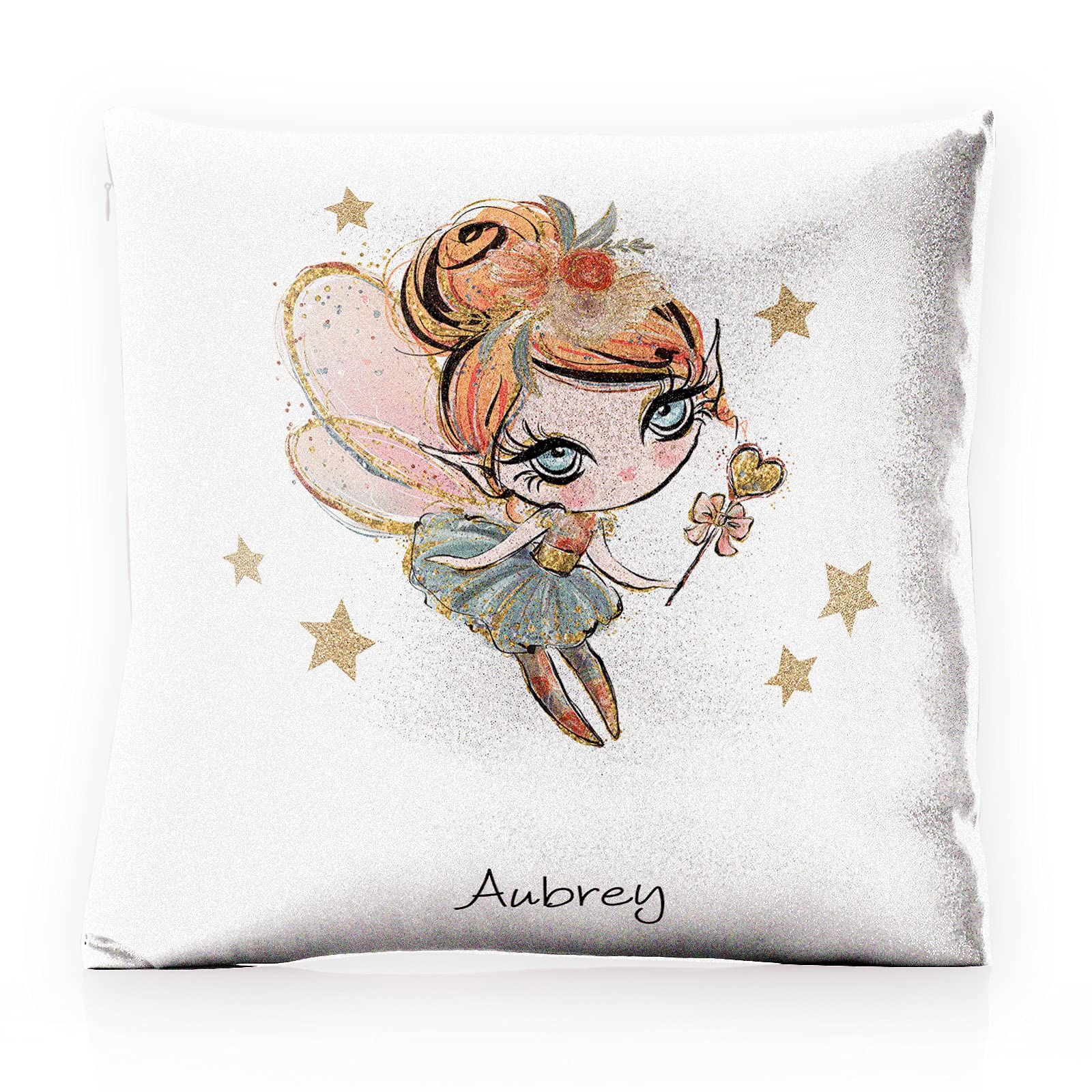 Hairyworm Personalised Cushion Cover with Filling Optional, Pink, Champagne, White Glitter Square Cushion Customised with Initial/Name/Text, Red Star Fairy Design Print, Fairy Pillow โ image 1
