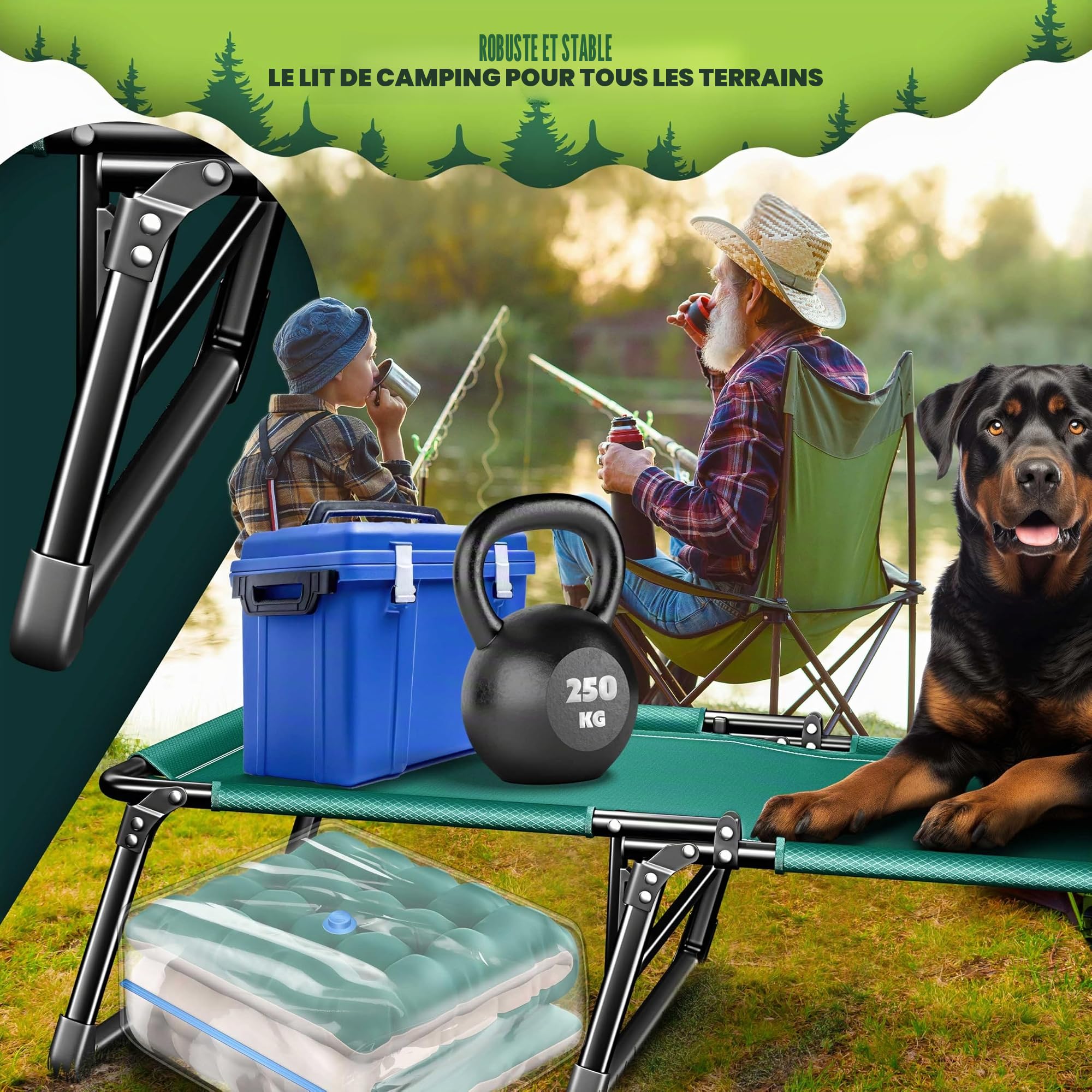 KESSER® Lit de camping pliable 190 x 68 x 30 cm - Charge maximale : 250 kg - En tissu Oxford et structure en acier robuste - Chaise longue pour camping avec sac de transport, coussin de nuque, poche