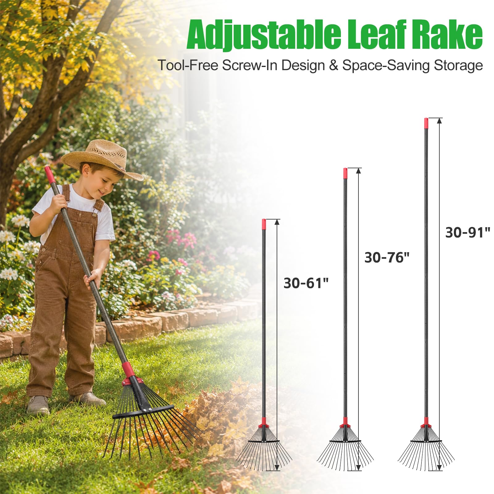 18 cm verstellbarer Metall-Laubbesen, 18 Metallzinken, robuste Laubbesen für Rasenflächen mit 20,3–45,7 cm erweiterbarem Kopf, langer Griff, Gartenrechen für Blätter, Hof, Gartenarbeit, Gras, Outdoor