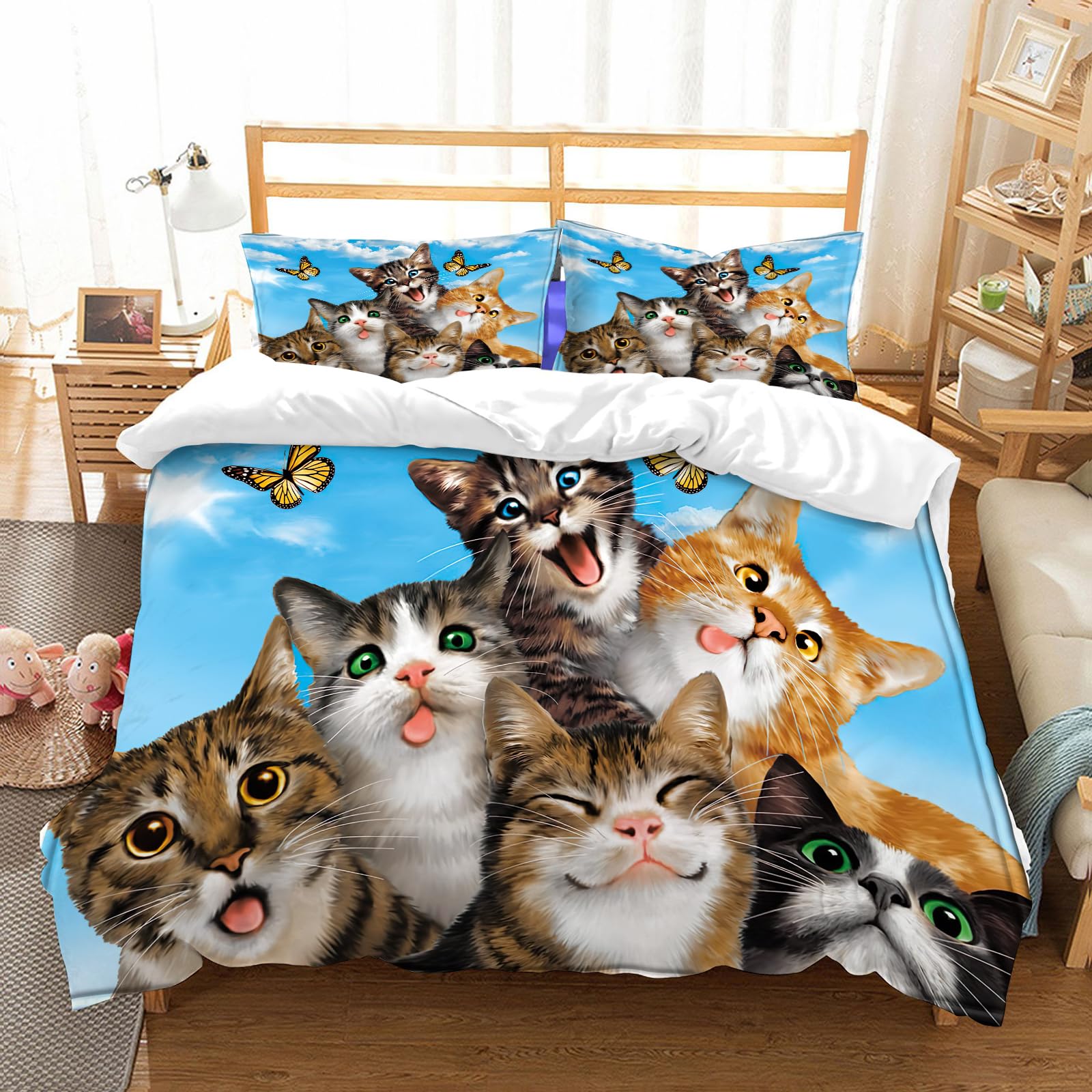 Parure de lit chat mignon pour chambre d'enfant avec housse de couette et taies