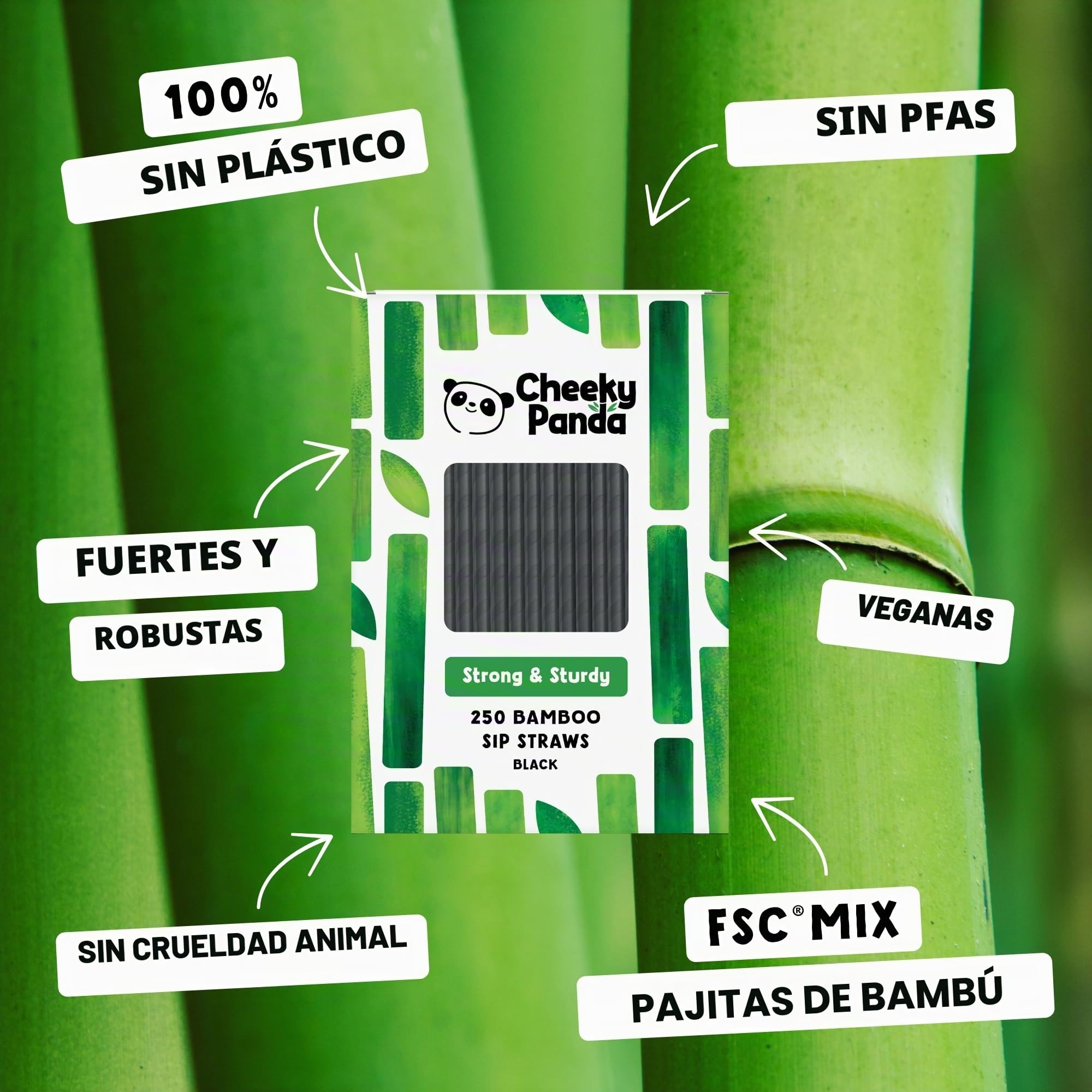 The Cheeky Panda – Bamboo (Perfecto para cócteles) Pajitas de papel negro | Paquete de 250 pajitas | 100% biodegradable, sin plástico, ecológico, resistente y sostenible