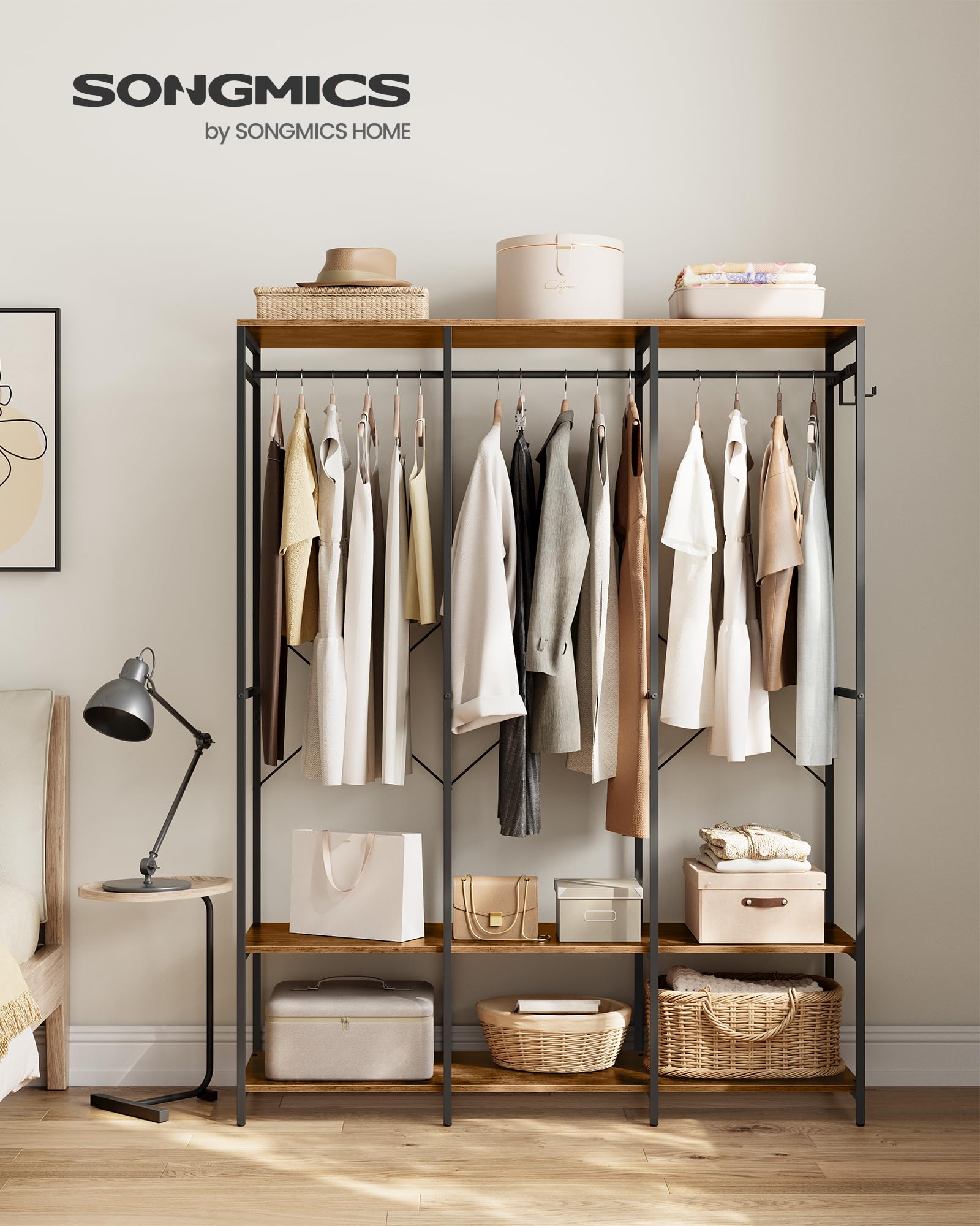 SONGMICS Armoire Vêtements Portable, Penderie Métal Pliable, Étagères de Rangement avec Tringle, Crochet Amovible, 40 x 141 x 180 cm, Marron Rustique RGR005B01