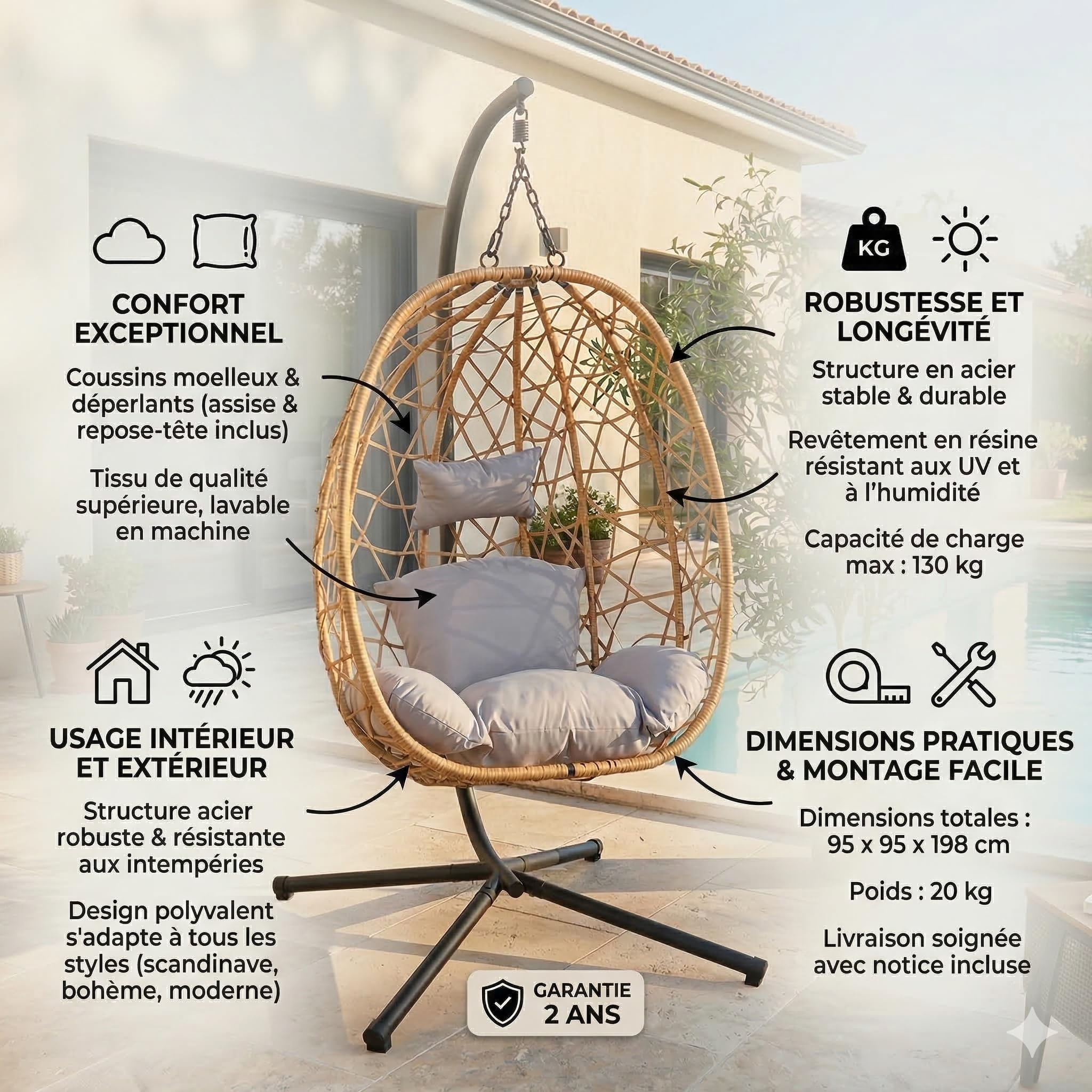 CONCEPT USINE | Fauteuil Suspendu avec Support en Résine Tressée | Design CUZCO Rotin Naturel | Structure Acier Robuste | Coussins Déperlants & Amovibles | Balançoire 1 Place | Intérieur & Extérieur