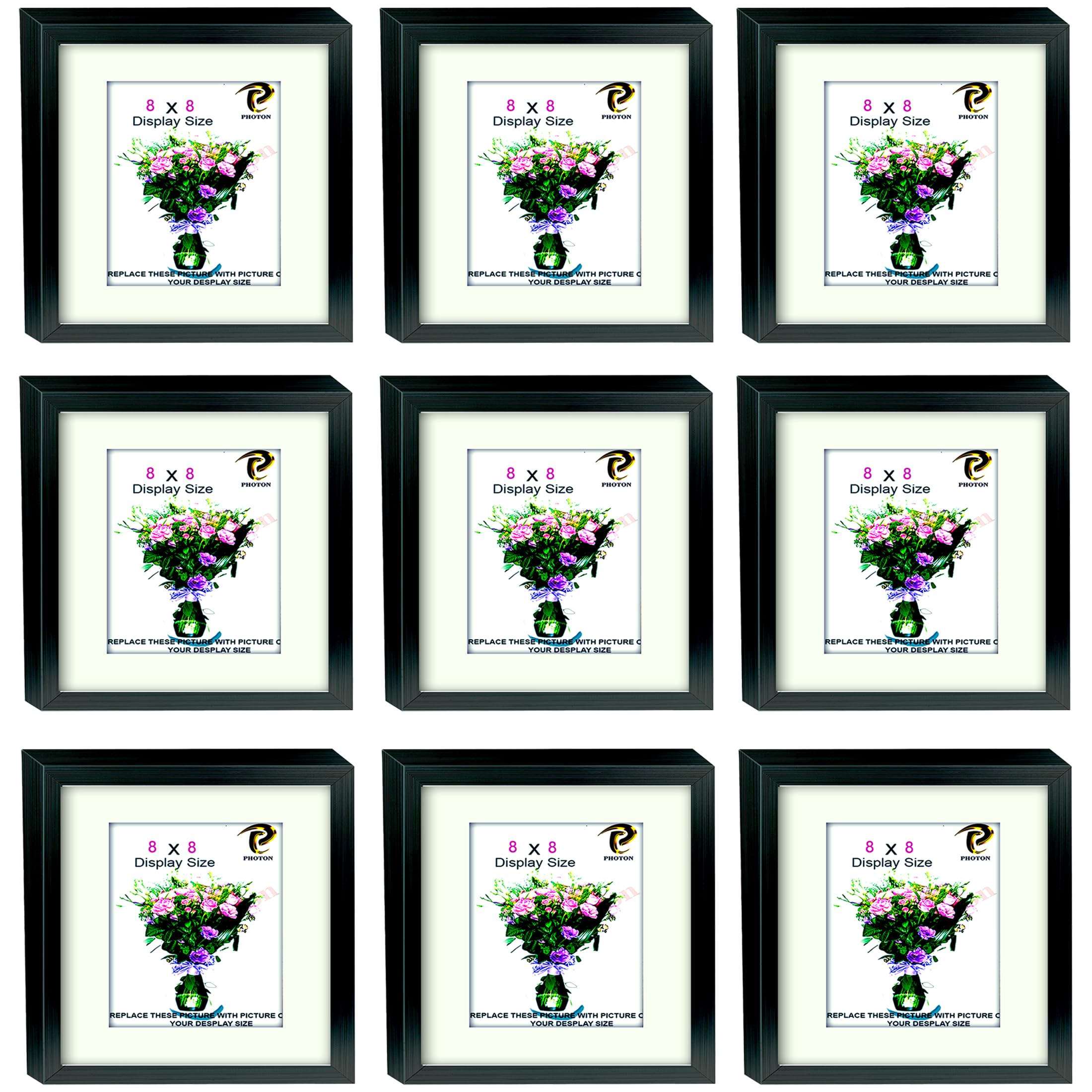 8 x 8 Photo Picture Frames with White Mat, Black Frame, Set of 9