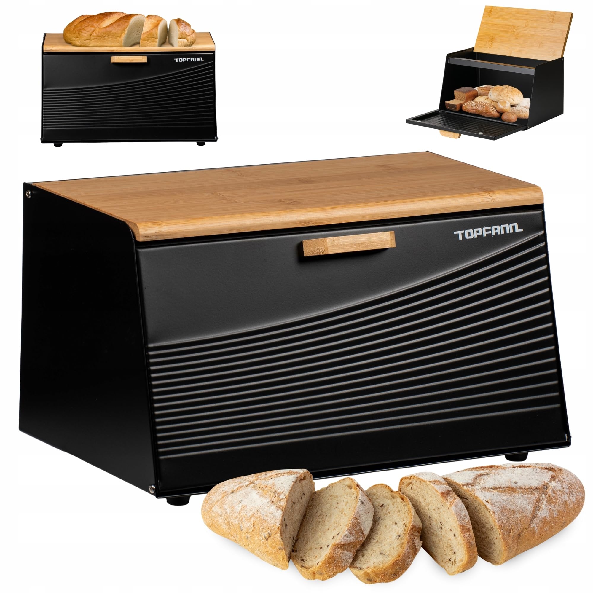 Topfann Black Bread Bin Bread Basket Bamboo Large Bread Container Metal