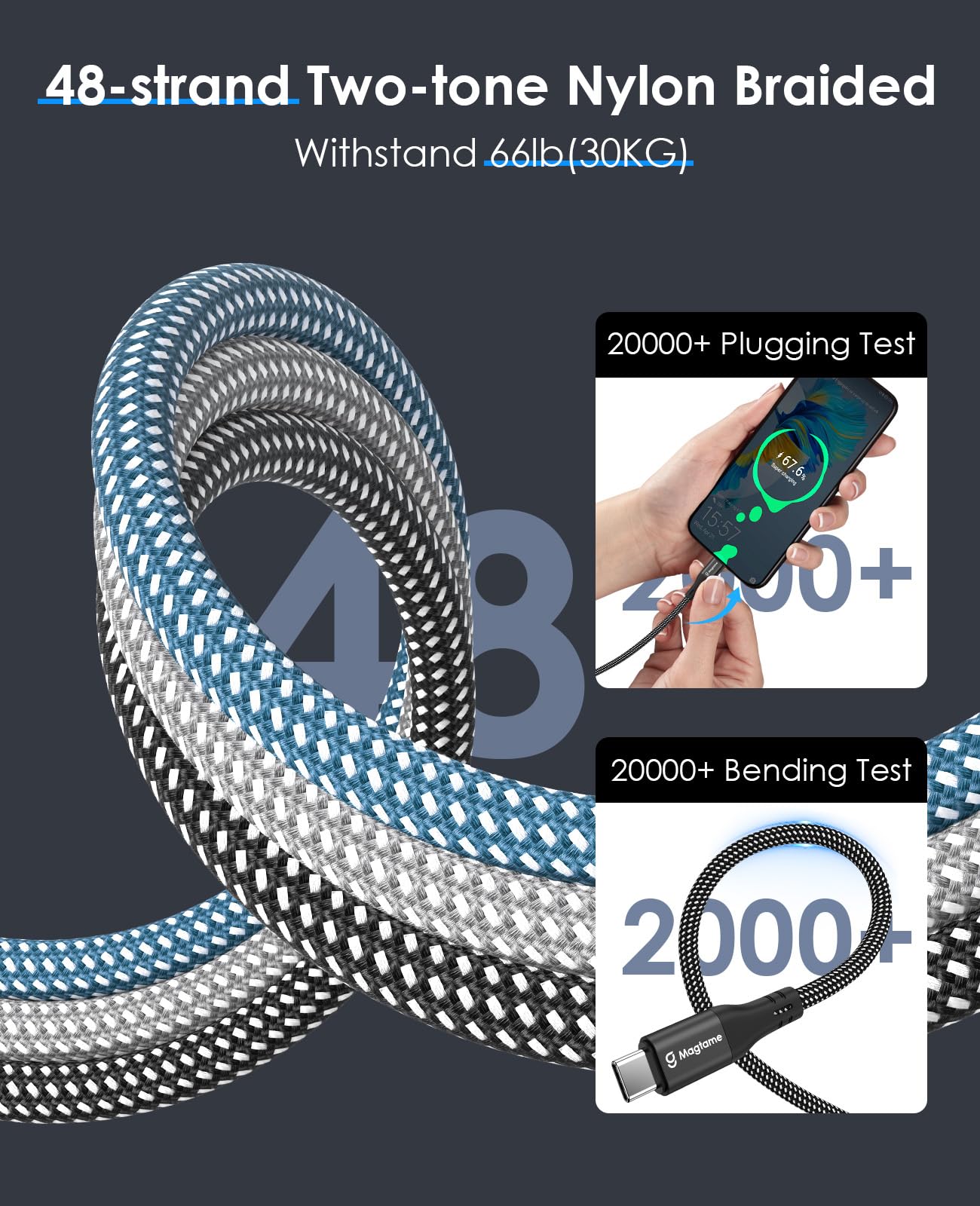 Magtame cavo magnetico USB C, bobina USB C a USB C cavo 60W (3A), cavo USB C retrattile 1.5M, Nylon intrecciato tipo C cavo di ricarica veloce compatibile con Phone 15, dispositivo USB C