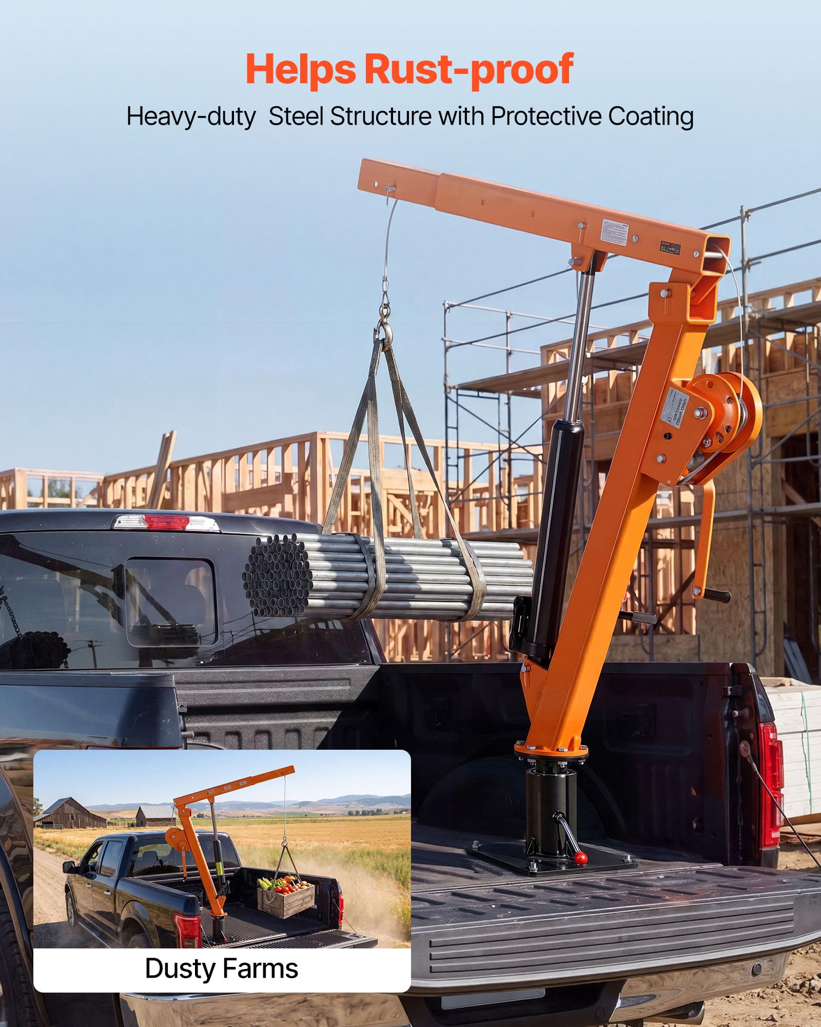 VEVOR Pickup Kran mit 907,2kg Tragkraft, Manueller Ladekran Inkl. Handwinde & 12t Hydraulikpumpe, Hebekran mit Teleskopausleger & 360° Drehkranz, Hebezeug aus Kohlenstoffstahl für Pick-up LKW Anhänger