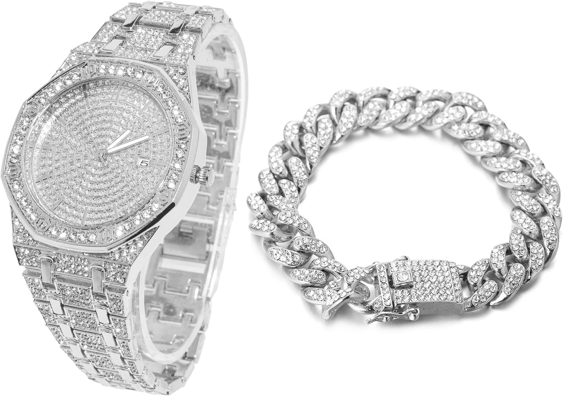 Diamond Watch for Men - The Elite - 18K Real Gold/Platinum White Gold Plated & Handset Diamonds Iced Out,40MM Width Octagonal Dial,Wristband 8.7”,Cuban Link Chain 8"+18",Comes with Giftbox