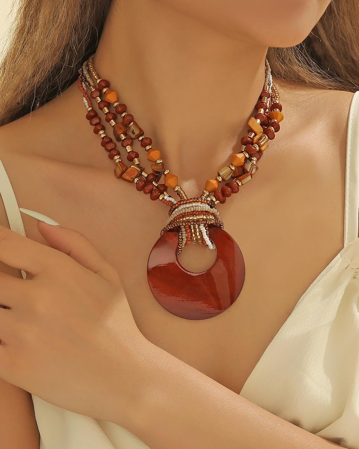 Coiris Shell Pendant Statement Strand Necklace for Women Boho Multi Beads Natural Stone Colorful Necklace Bohemian Handmade Chunky Shell Beaded Collar Jewelry for Women - Image 2