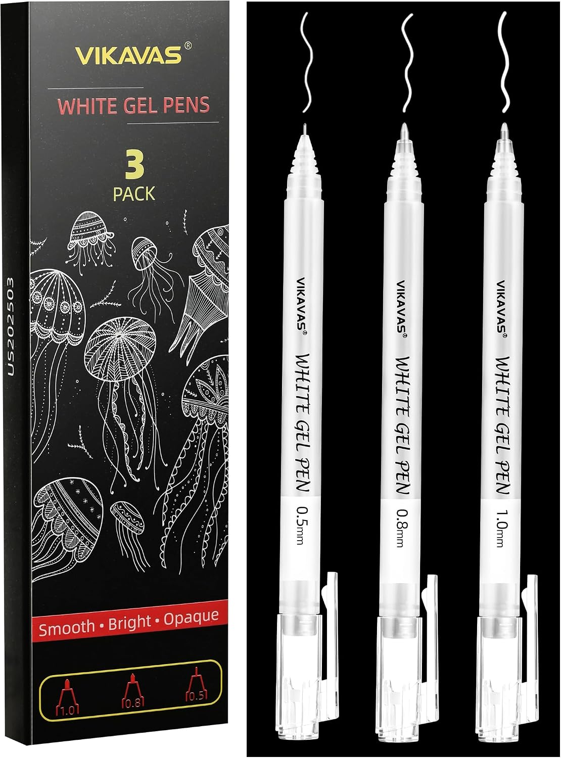 3 Pack White Gel Pens for Black Paper, Drawing, Highlighting, Journaling & Crafting – 1.0mm, 0.8mm, 0.5mm Fine Tip White Ink Pens, Smooth Flow, Waterproof, Non-Toxic