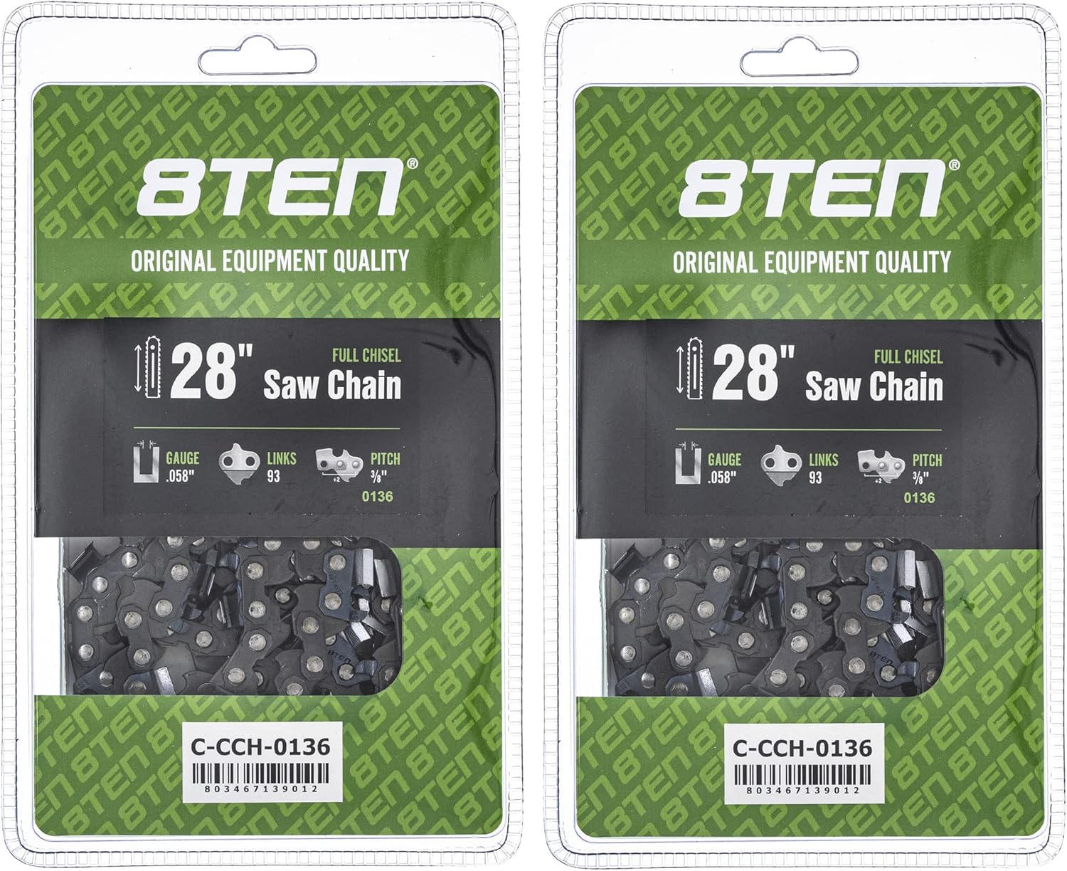 8TEN Full Chisel Chainsaw Chain 28 Inch .058 3/8 93DL For Husqvarna 262XP Poulan 475 Jonsered 2065 (2 Pack)