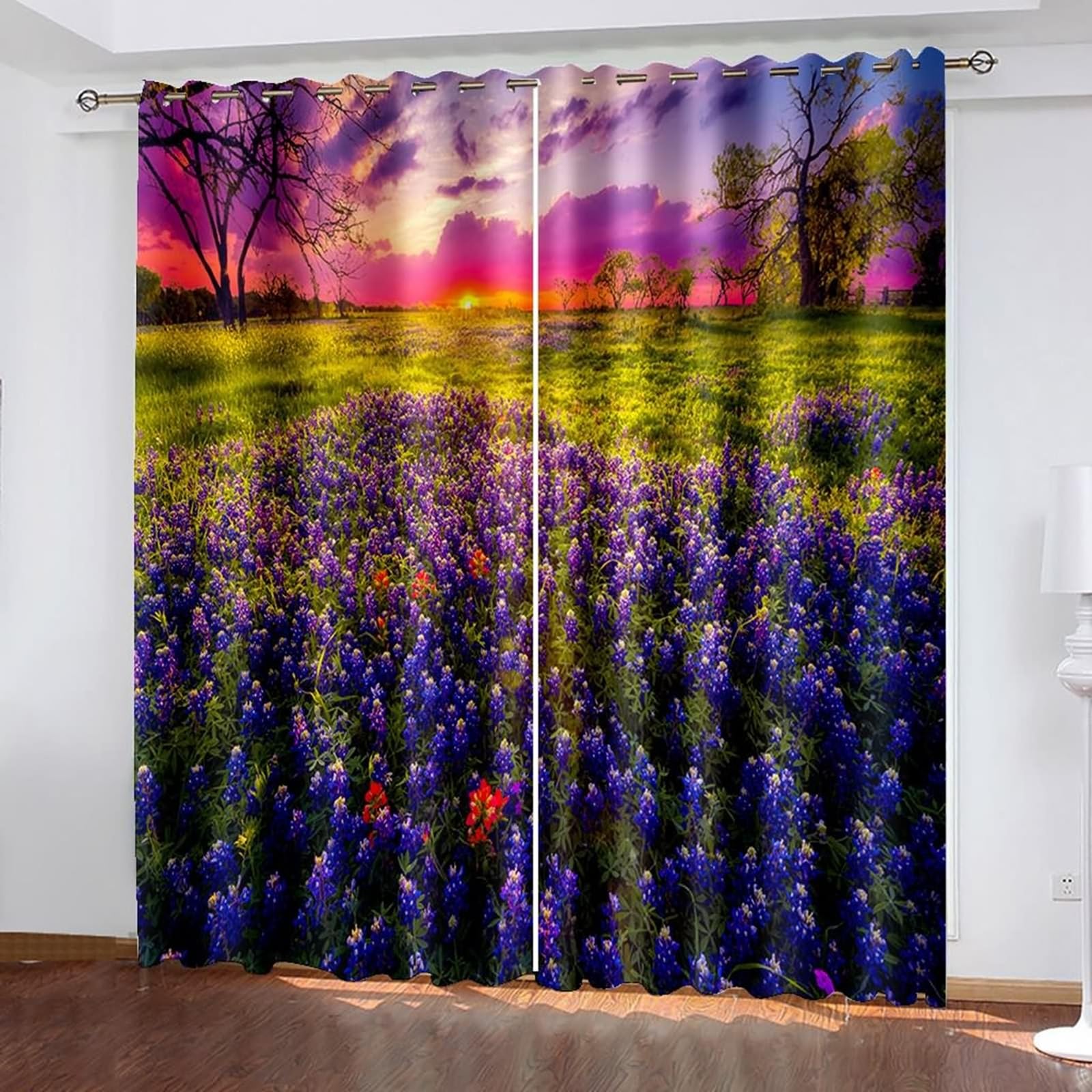 Cortinas opacas de 244 cm de largo, cortinas opacas con ojales, juego de 2 unidades, multicolor, puesta de sol, lavanda, hierba, paisaje, cortina para dormitorio, habitación infantil, salón