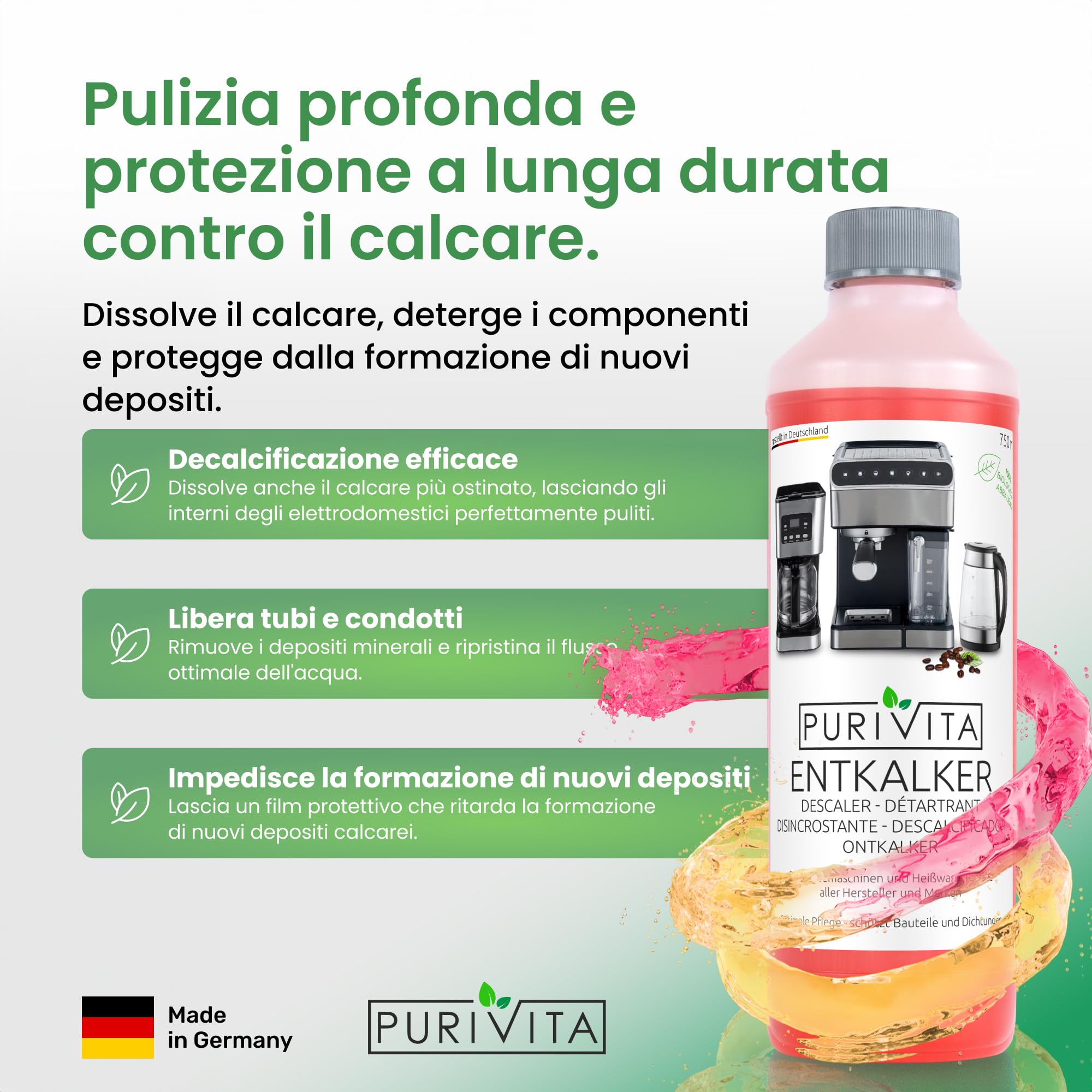 PURIVITA® Universale Decalcificante Macchina Caffè [500ML] - Anticalcare Pulizia Macchine Caffe - Liquido Disincrostante per i Modelli Delonghi, Nespresso, Dolce Gusto, Lazzata & Altri Ancora