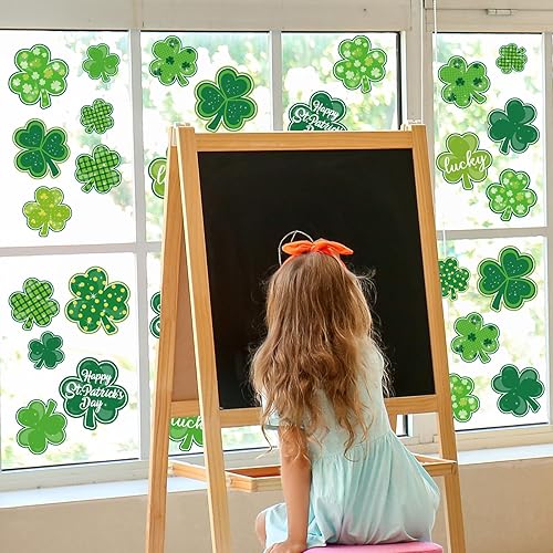 Miniatura 3 de Whaline 9 hojas de calcomanías para ventana del día de San Patricio, trébol verde, decoración de ventana de trébol de la suerte de doble cara para