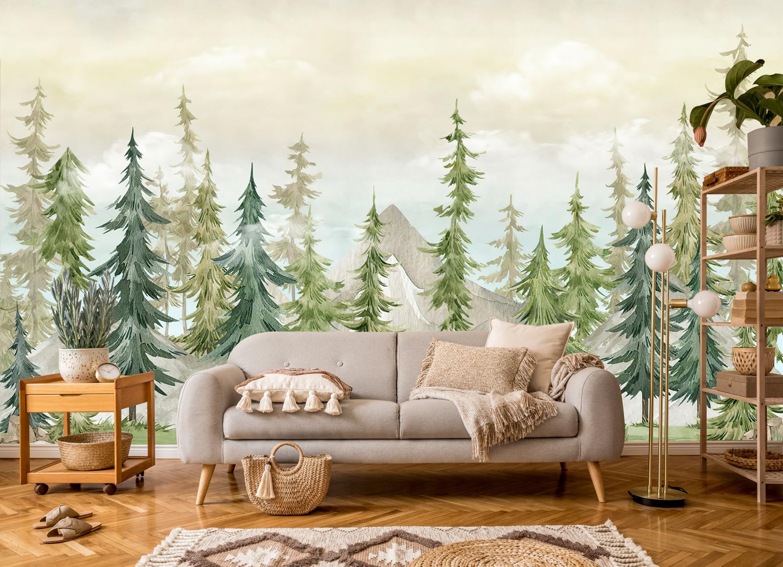 Green Pine Forest Woodland Wallpaper for Nursery Girls' Bedroom Living Room Cloud Forest Mountain Wall Mural (Not Peel 'n Stick)