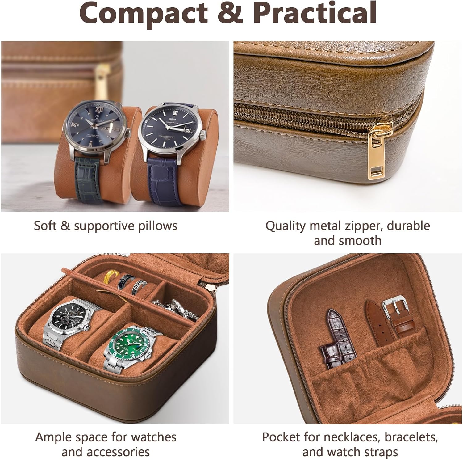 Watch Travel Case for Men, Portable Watch Box Storage Organizer for 2 Watches, PU Leather & Suede Lined, Compact Jewelry Organizer for Wristwatches, Rings, Cufflinks