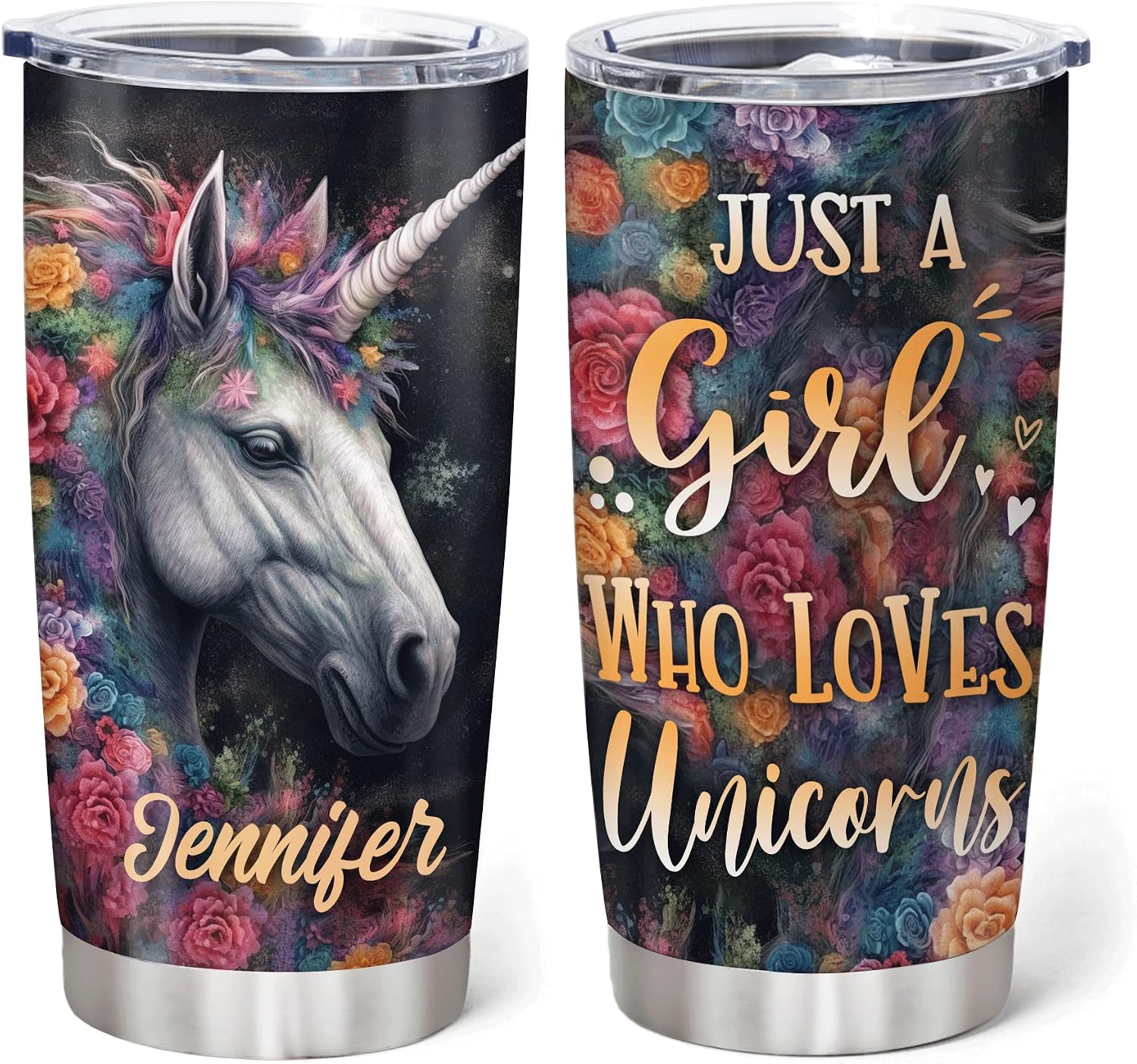 Hyturtle Personalized Unicorn Tumbler Gifts for Unicorn Lover - Unicorn Birthday Gifts for Women - Floral Unicorn Lover Gifts - Just A Girl Who Loves Unicorns Custom Name 20oz Stainless Steel Tumbler