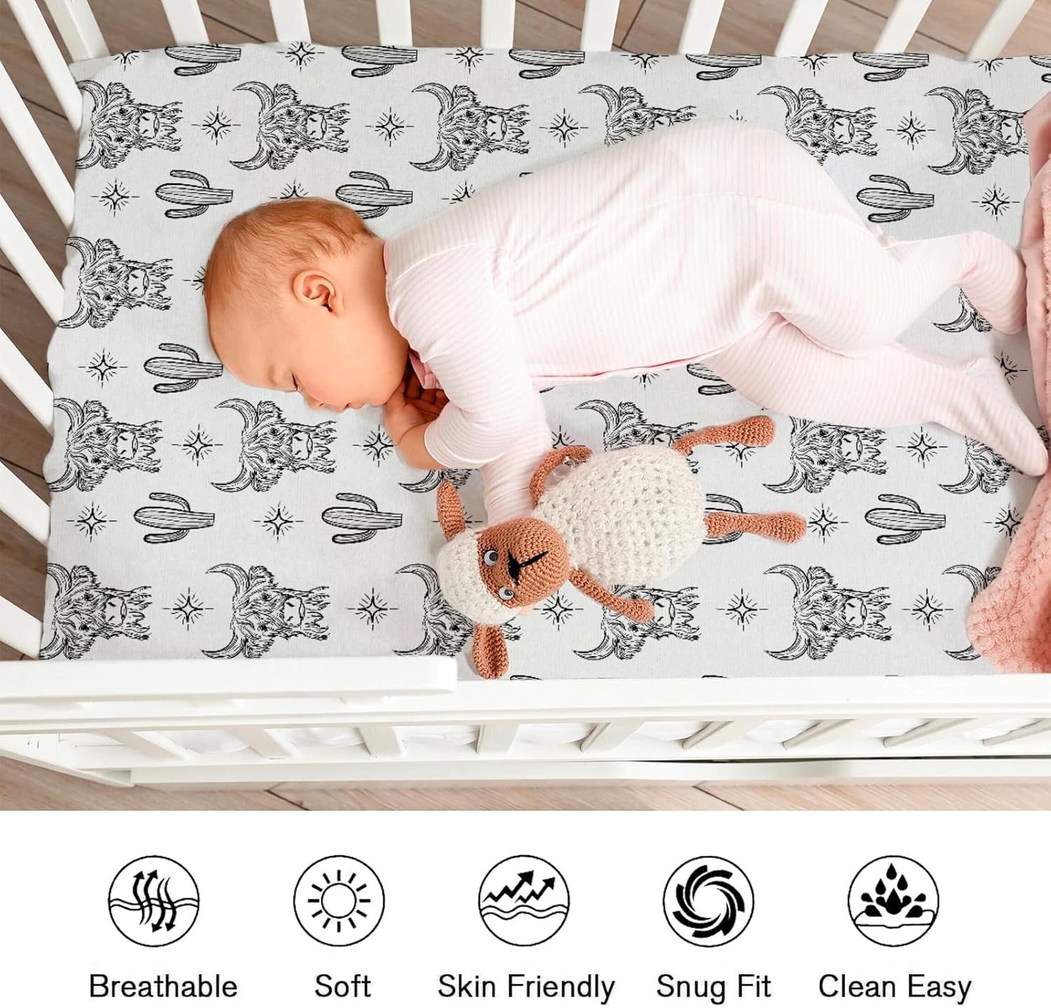Western Highland Cows Baby Crib Sheets for Boy Girl 52"x28" Boho Cows Cactus Stars Soft Fitted Crib Mattress Covers Farm Boho Cattle Yak Highland Cow Baby Sheet for Standard Crib and Toddler Mattress