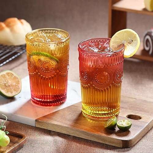 Miniatura 11 de Juego de 6 vasos de bebida vintage, vasos de vidrio de 12 onzas, vasos de agua acanalados en relieve para cóctel, agua, jugo, cerveza, whisky Brisa