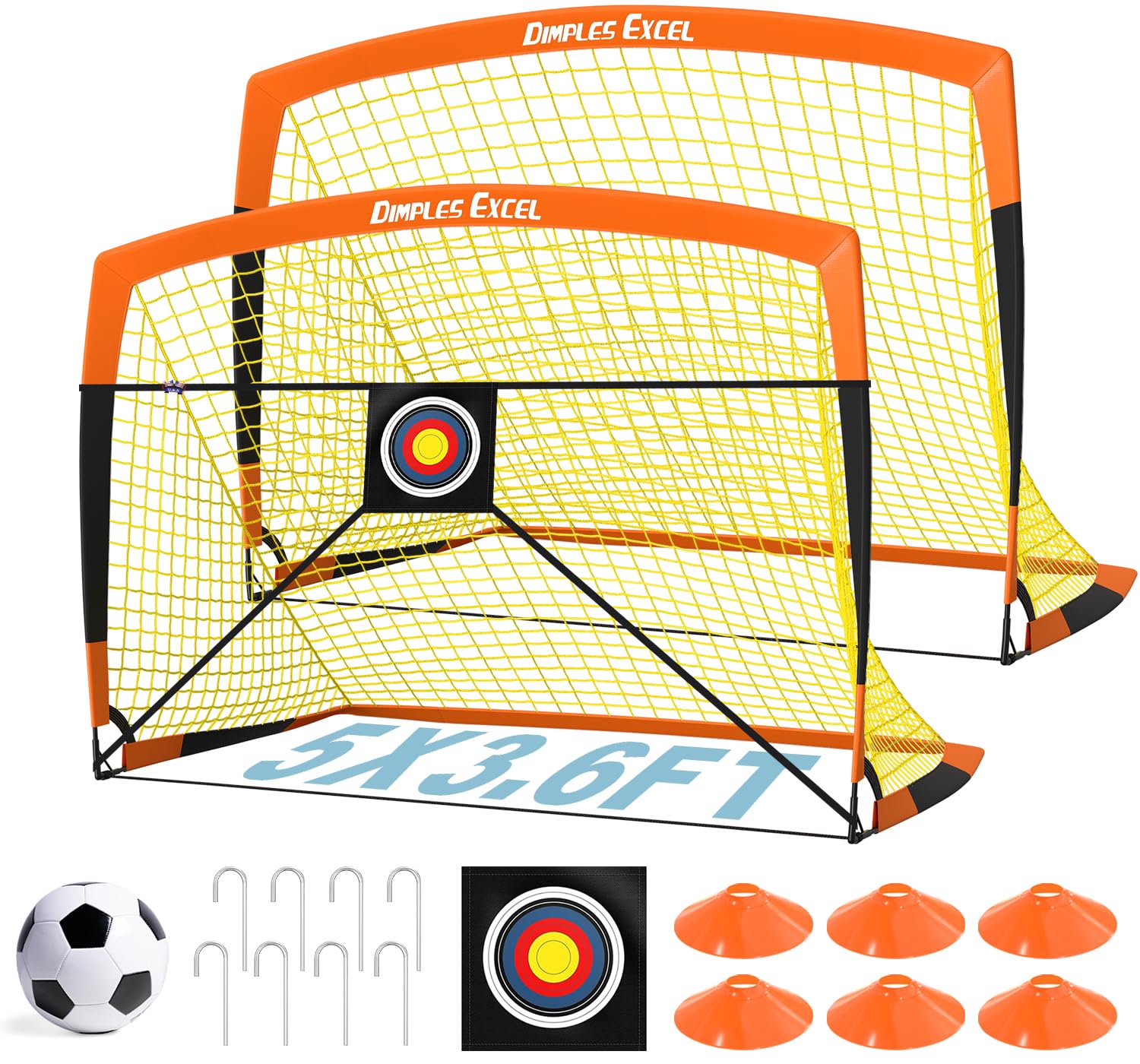 Dimples Excel Soccer Goals - Red de fútbol para niños para Patio Trasero de 7 x 5 pies, 5 x 3.6 pies, 4 x 3 pies, 3 x 2.2 pies