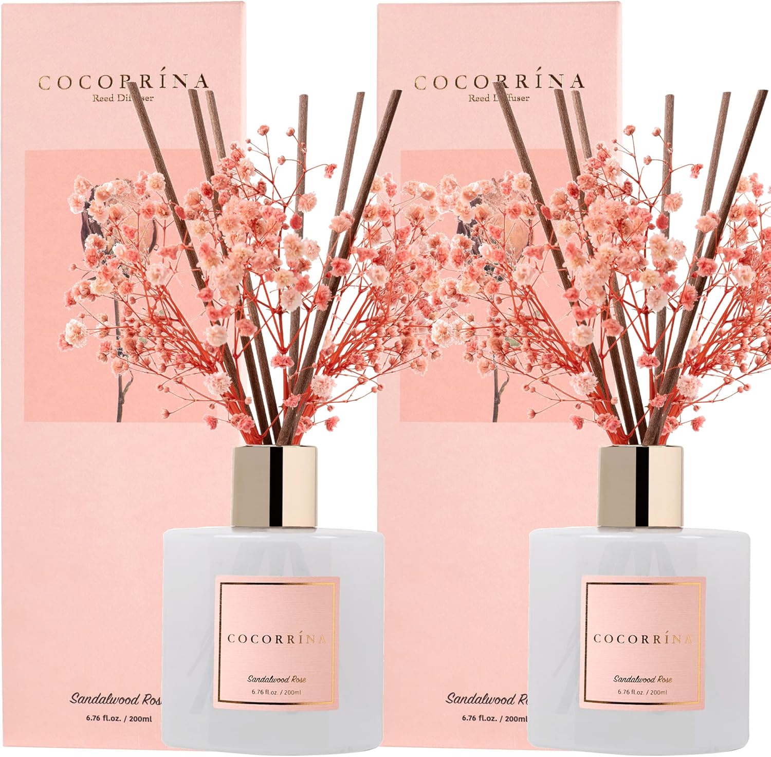 Cocorrína Premium Reed Diffuser Set with Preserved Baby's Breath & Cotton Stick Sandalwood Rose 2 Packs, 6.7oz Scent Fragrance Oil Diffuser for Bedroom Bathroom Home Décor - Image 3