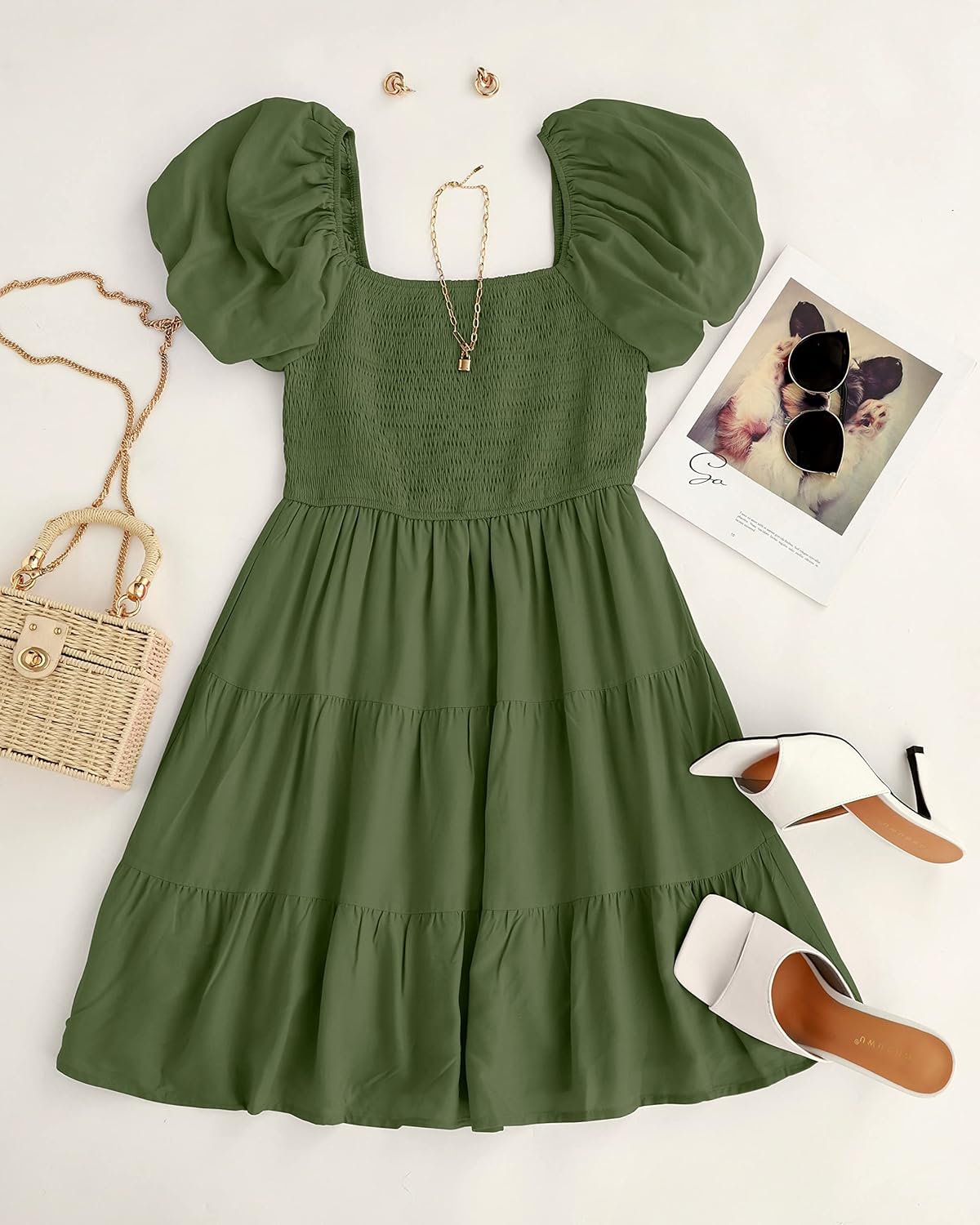 ZESICA Women's Boho 2026 Summer Square Neck Puff Sleeve Off Shoulder Smocked Tiered Casual A Line Short Mini Dress - Image 5