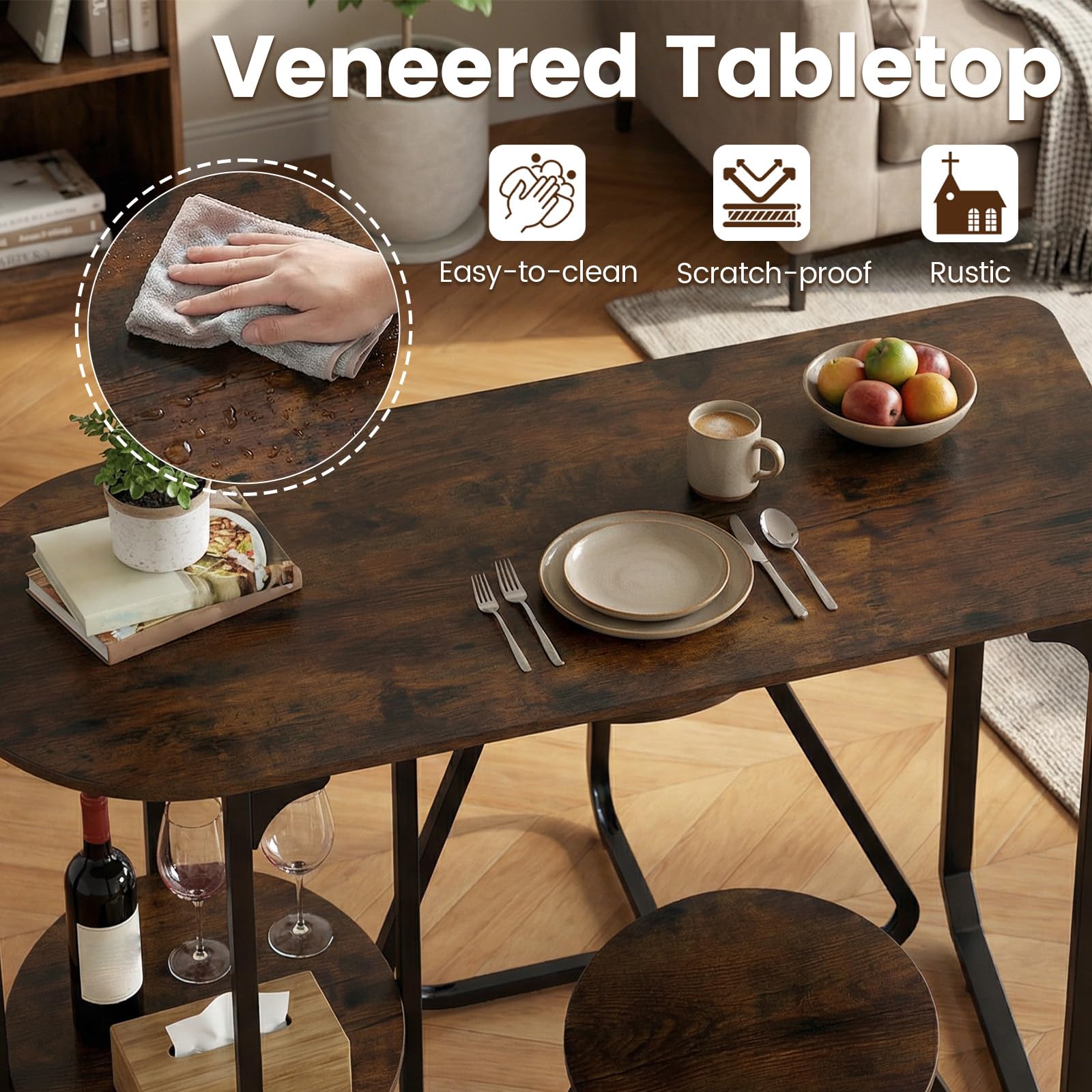 GIANTEX Conjunto de comedor con mesa y 2 taburetes, mesa de comedor con 2 estantes, mesa de madera de 110 x 45 x 78 cm, mesa de cocina rectangular para espacios pequeños, cocina, salón (marrón)