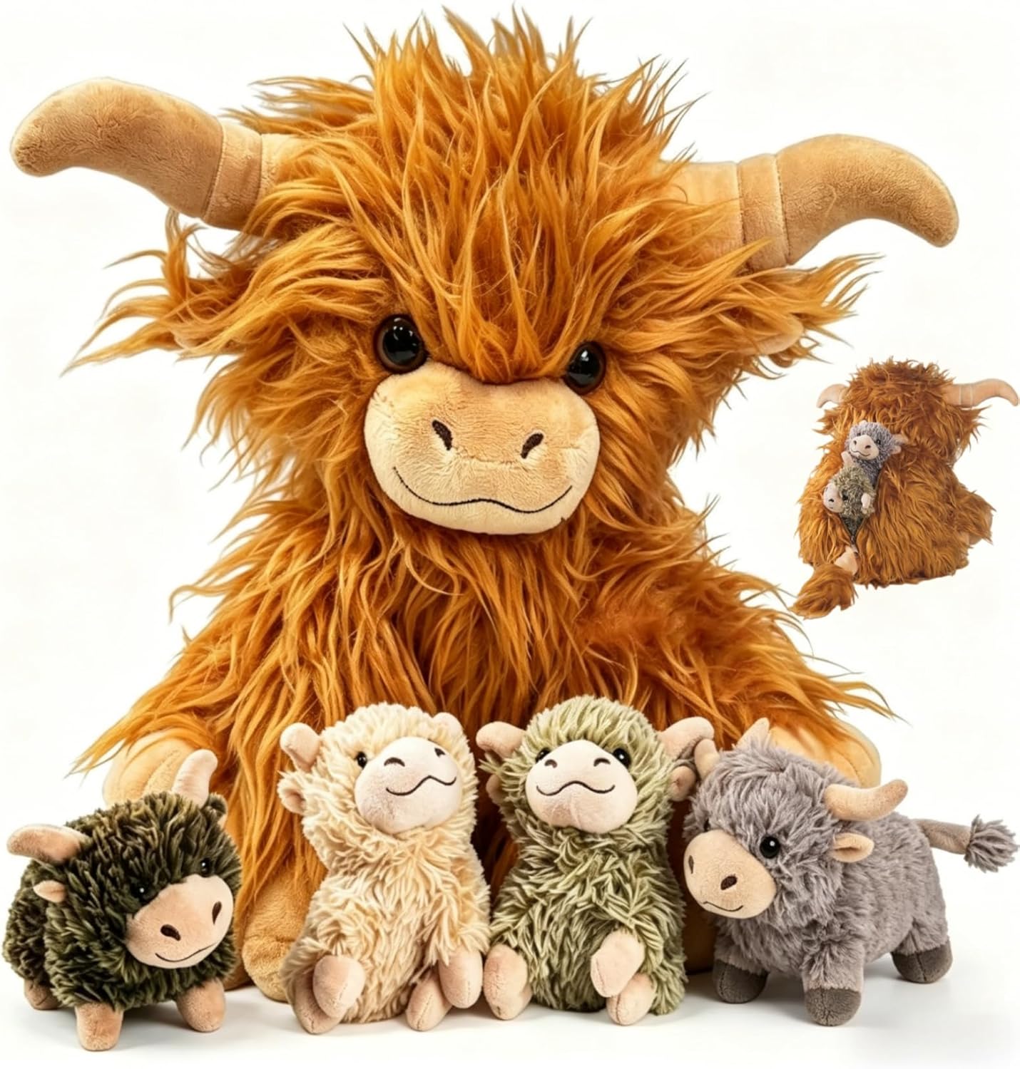 5 Pcs Highland Cow Stuffed Animals with Babies Inside, 14" Large Mommy Stuffed Highland Cow Plush Toy with 4 Baby Calves, Cute Scottish Highland Cow Decor Gifts for Kids Boys Girls Birthday Christmas