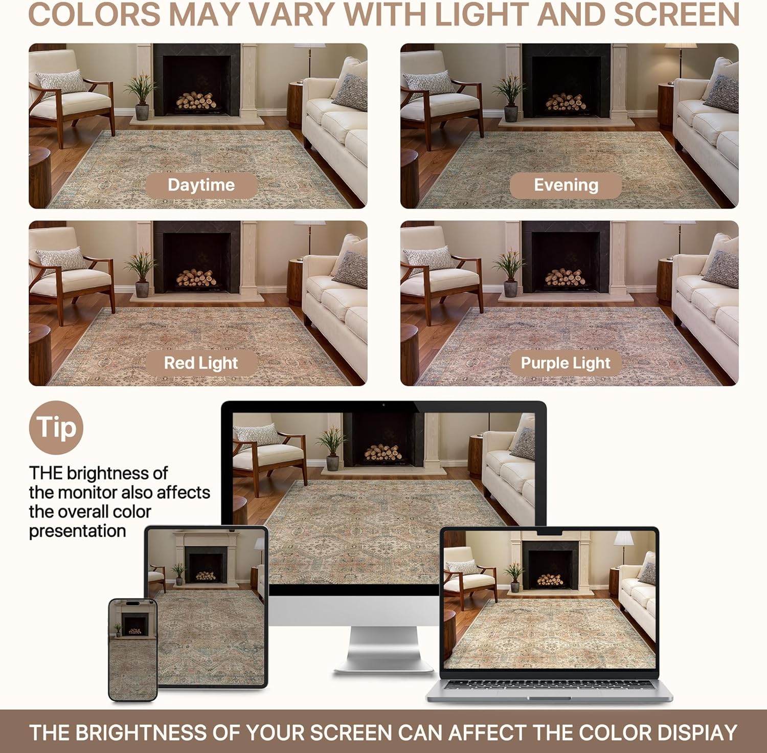 Bavni 3x5 Area Rugs for Living Room, Machine Washable Rug Non Slip, Vintage Chenille Distressed Print Carpet, Large Low Pile Ultra-Thin Lightweight Rugs for Bedroom, Dining Room, Office, Wood Brown