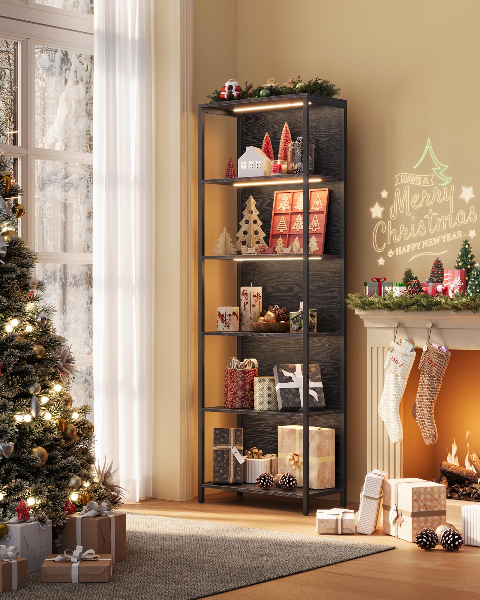 Sponsored Ad – 6-Tier LED Bookcase, Bookshelf with Dimmable Lights, Storage Shelf with Steel Frame, 30.3 x 60 x 178.6 cm, for Living Room, Bedroom, Office, Ebony Black LLS120B58