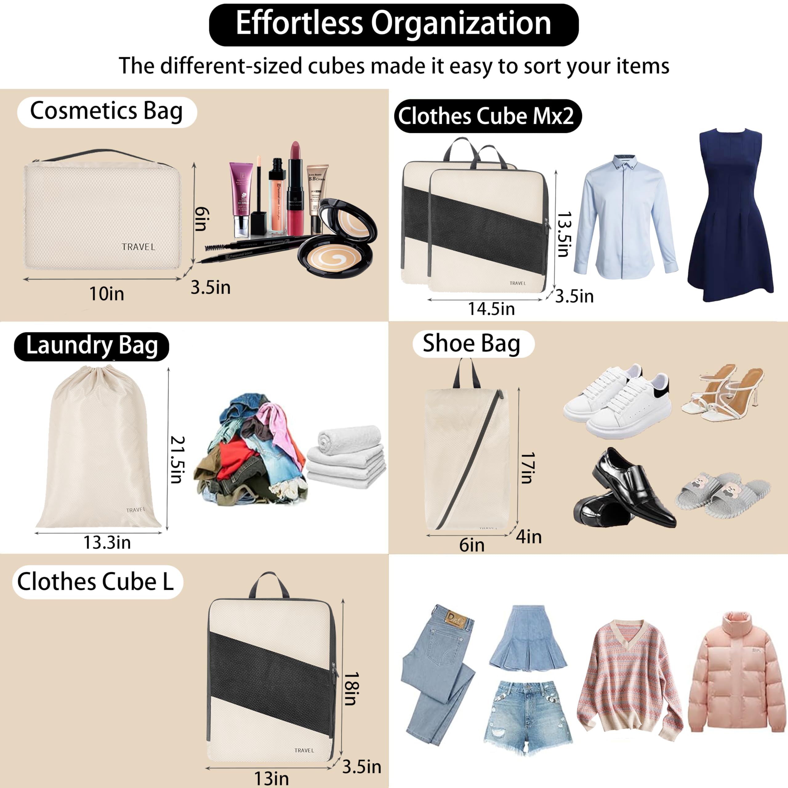 Cubi da viaggio a compressione, leggeri, essenziali per le vacanze, accessori da viaggio per valigie, organizer per valigie, borse da viaggio durevoli (crema)