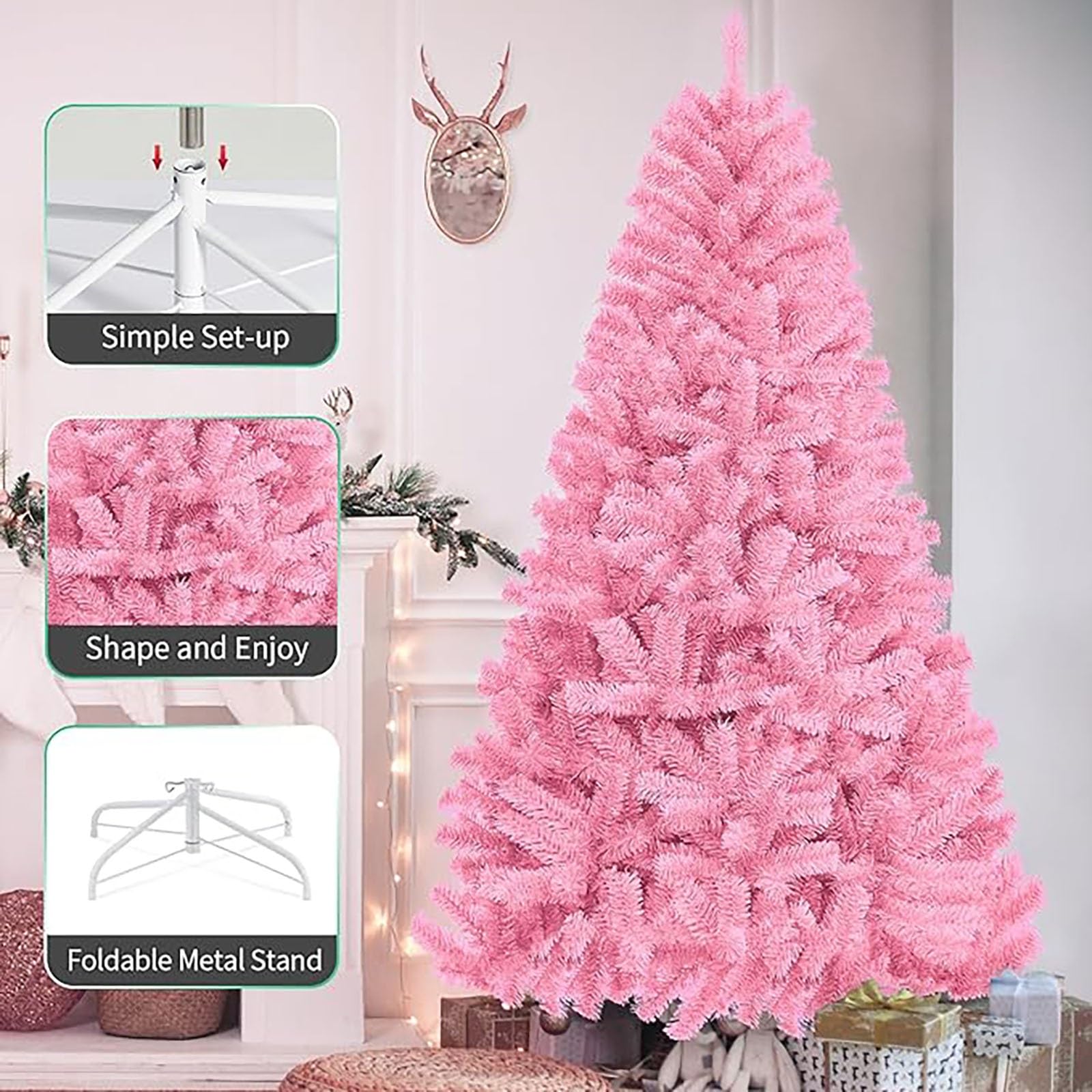 Albero Di Natale Artificiale Rosa 1,8 M Con Rami Realistici E Base In Metallo - Decorazione Fai Da Te - 3
