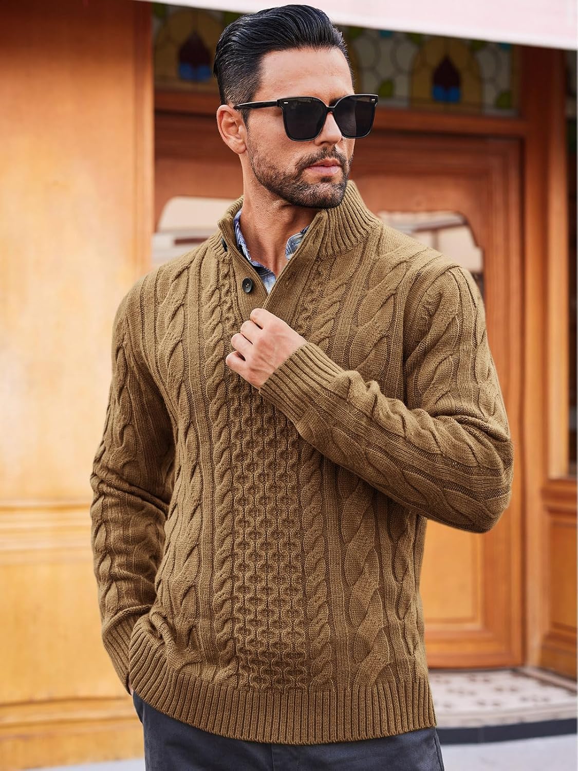 Runcati Mens Cable Knit Pullover Sweater Casual Stand Collar Chunky Buttons Fall Winter Sweaters - Image 2