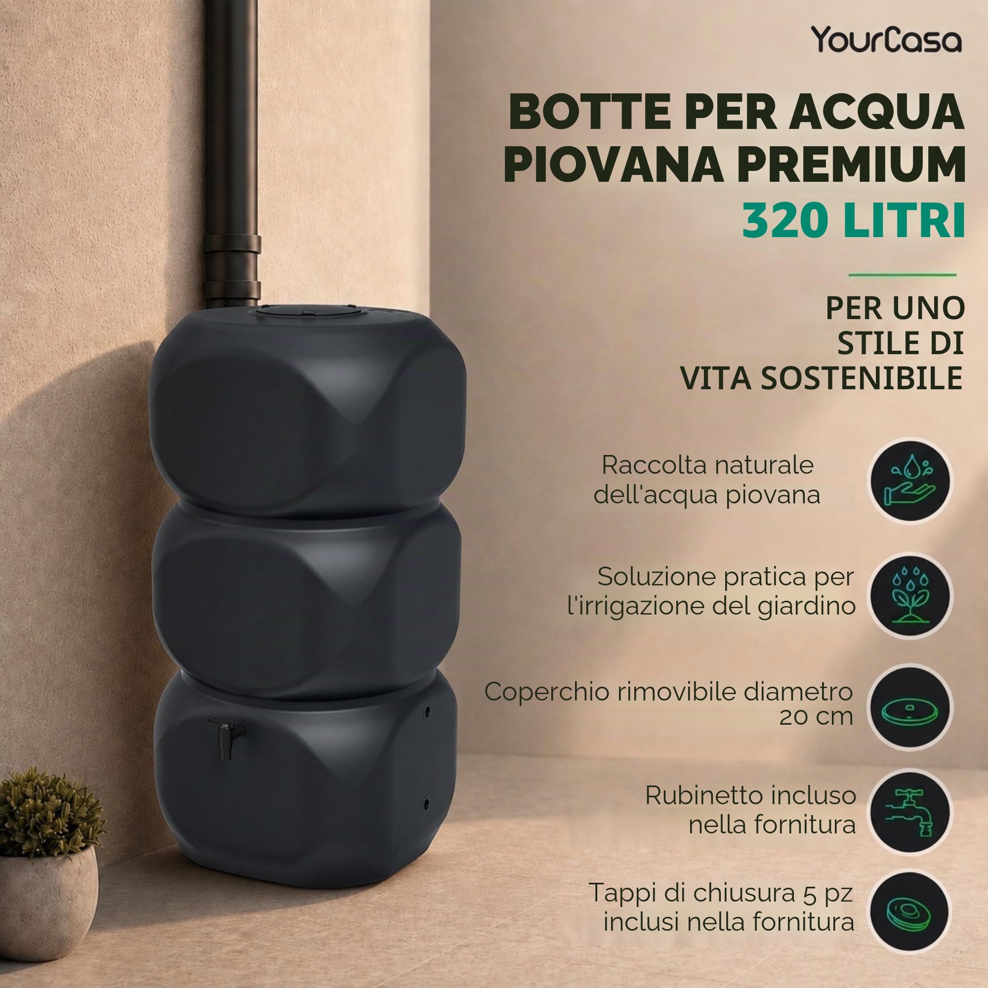 YourCasa Acqua piovana da 320 litri [Aquablock] con attacco per tubo di scarico e rubinetto e coperchio, a forma quadrata, per acqua piovana, per giardino (grigio)