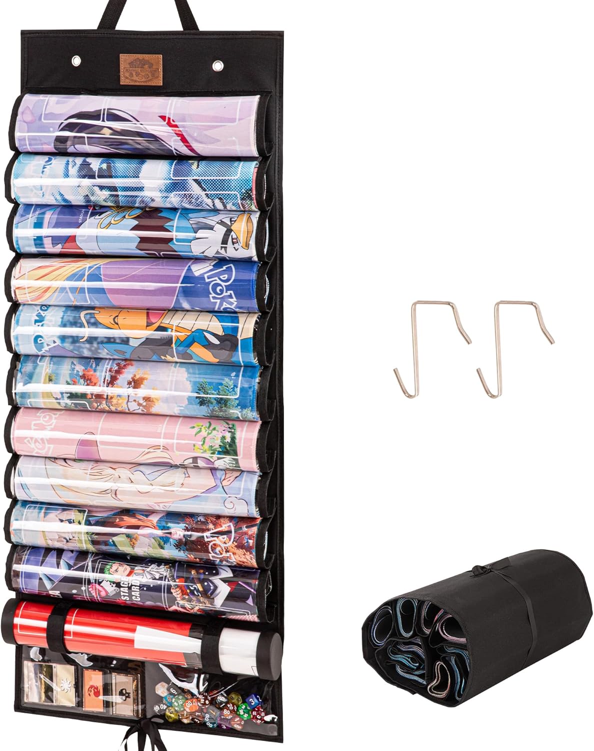 Playmat Tube Holder, MTG Playmat Organizer Tube Case TCG Playmats Accessories Storage Bag with 2 Door Hooks Fit 10+1 Playmats (14" x 24") and 2 Pockets for Dices and Cards (Black)