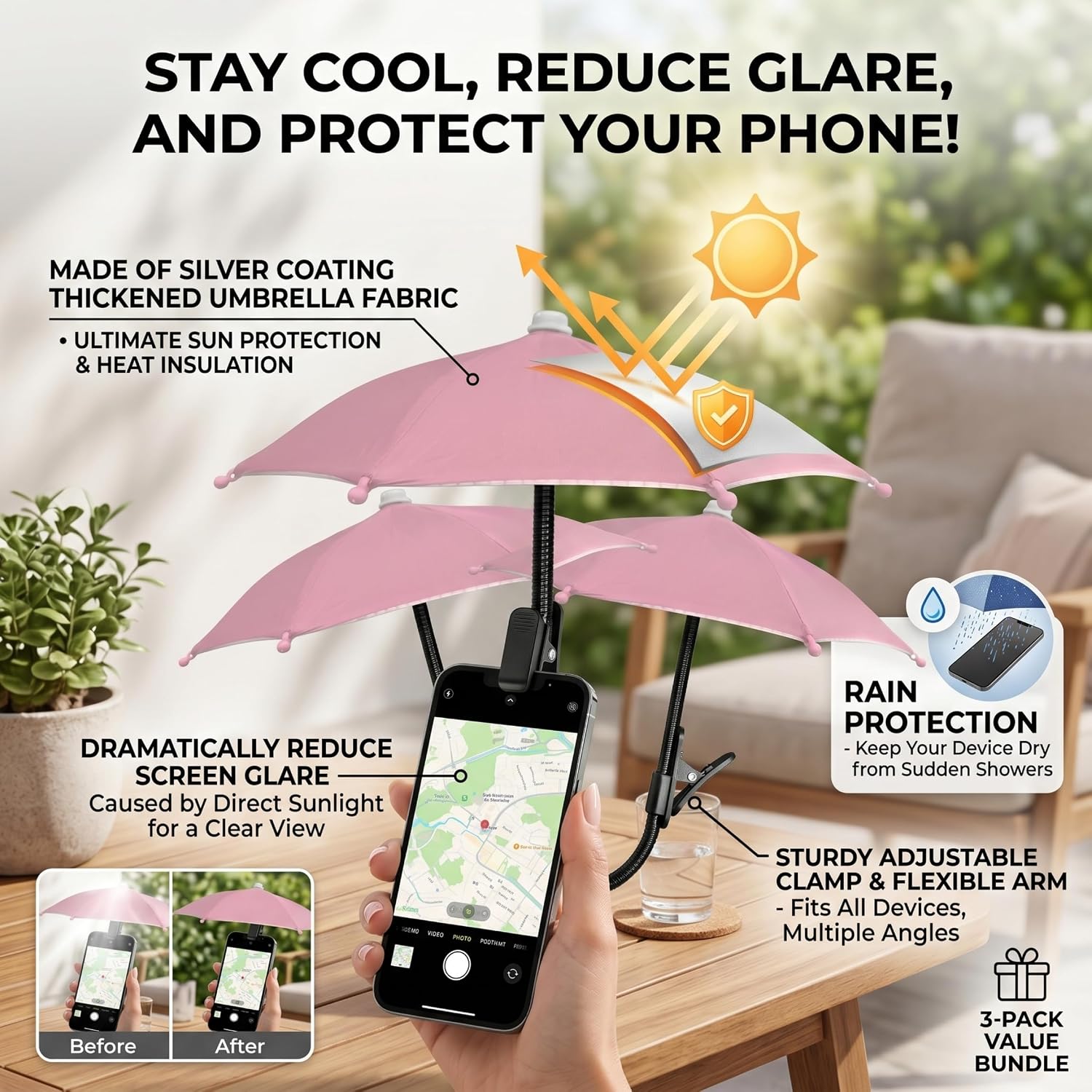 3Pcs Cell Phone Umbrella for Sun, Adjustable Metal Hose Anti-Slip Clip Phone Umbrella for Outdoor Live Streaming, Beach, Fishing, Reading image 3