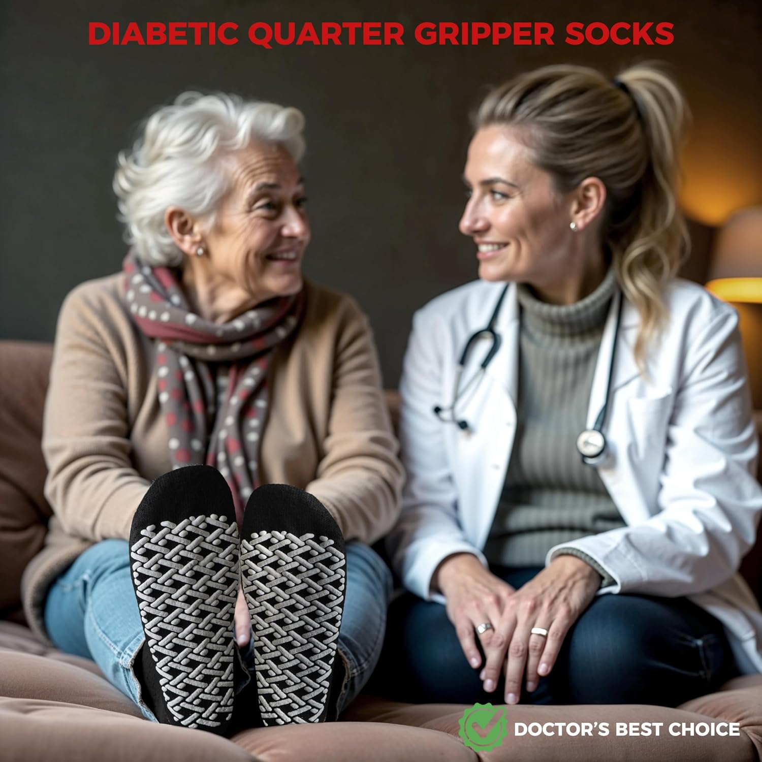 Diamond Star Hospital Gripper Socks for Men & Women, Non-Binding Diabetic Cotton Socks, Cushioned Quarter for Swollen Feet