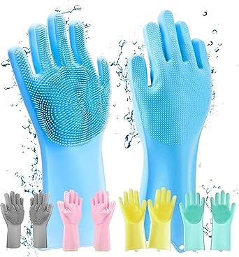 GLUN Magic Silicone Dish Washing Gloves, Silicon Cleaning Gloves, Silicon Hand Gloves for Kitchen Dishwashing and Pet Grooming, Great for Washing Dish, Car, Bathroom (1 Pair,Assorted) - image, photos