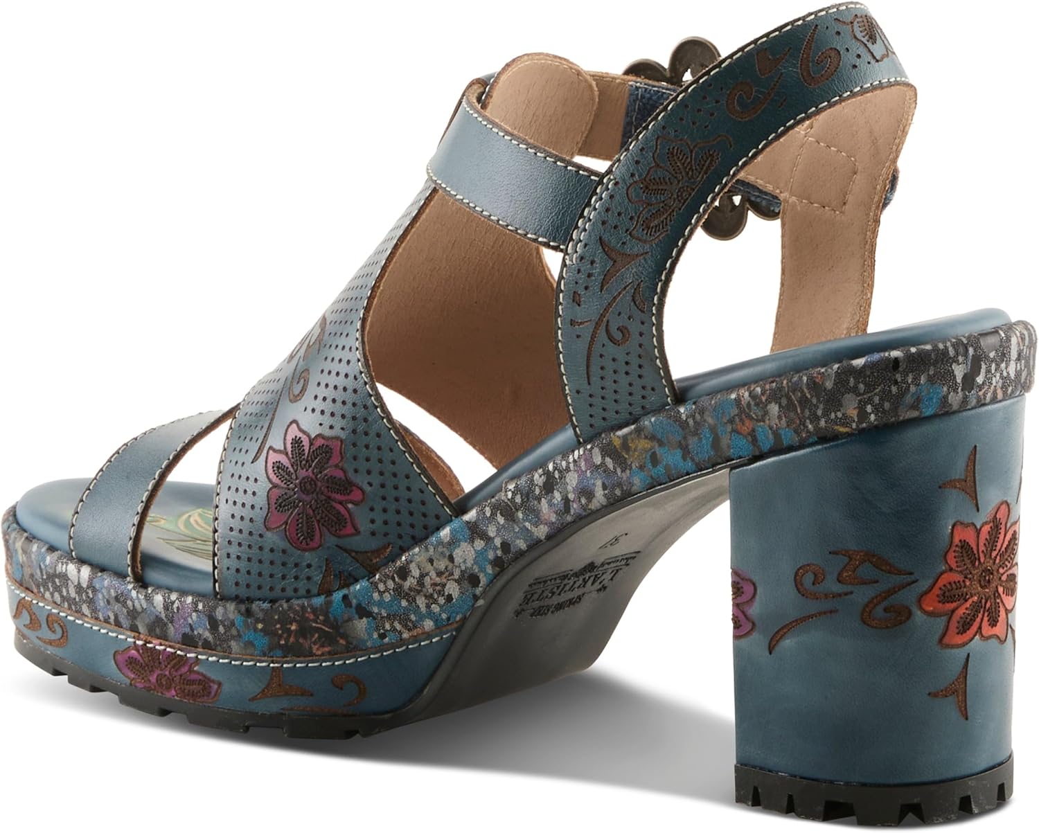 L`Artiste Jawdrop Women’s Floral Leather Sandal with Supportive Block Heel