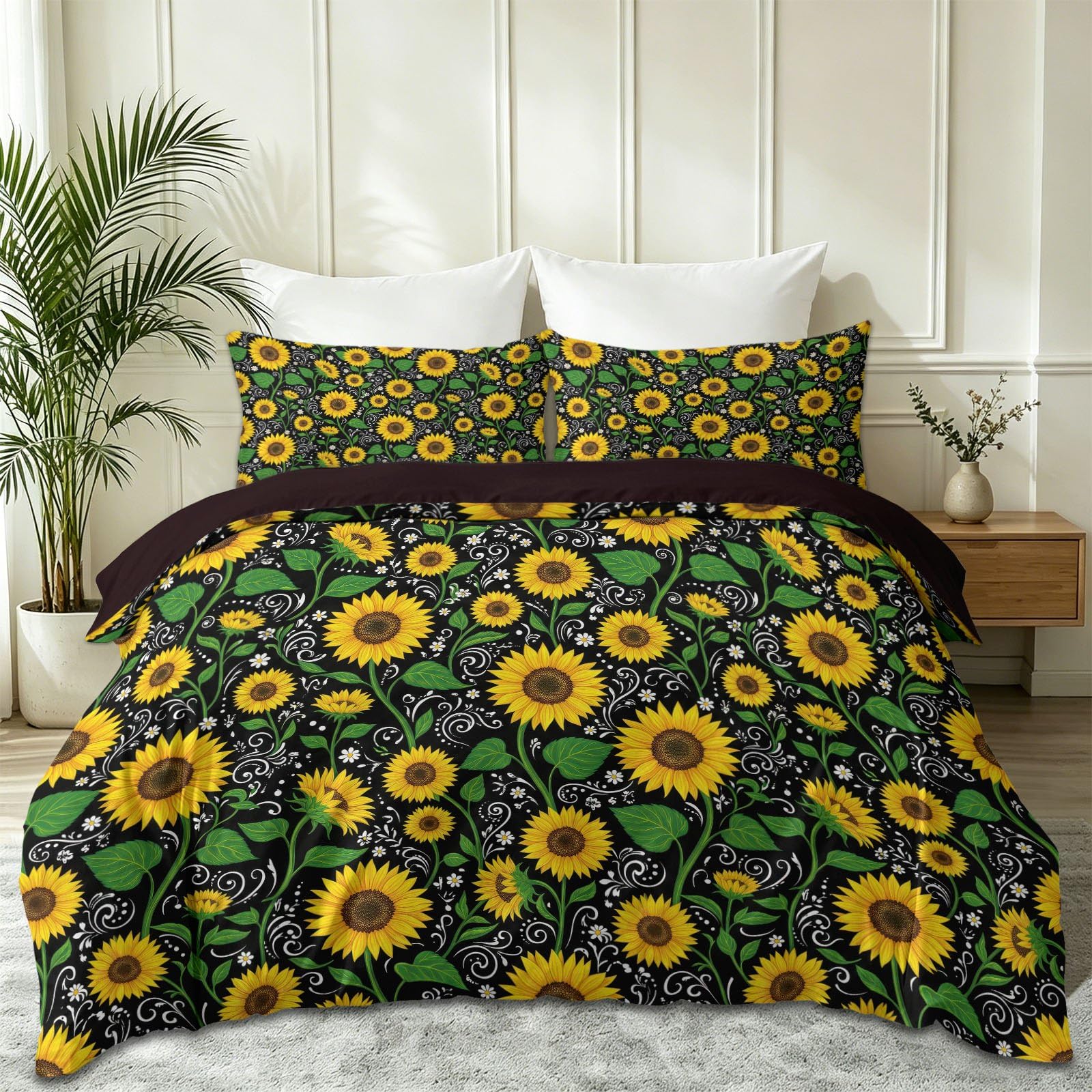 Set copripiumino reversibile, motivo piante girasole foglie onde, morbido e facile da pulire, in microfibra, con stampa rustica, matrimoniale, confortevole, per ragazze, bambini e adulti, nero