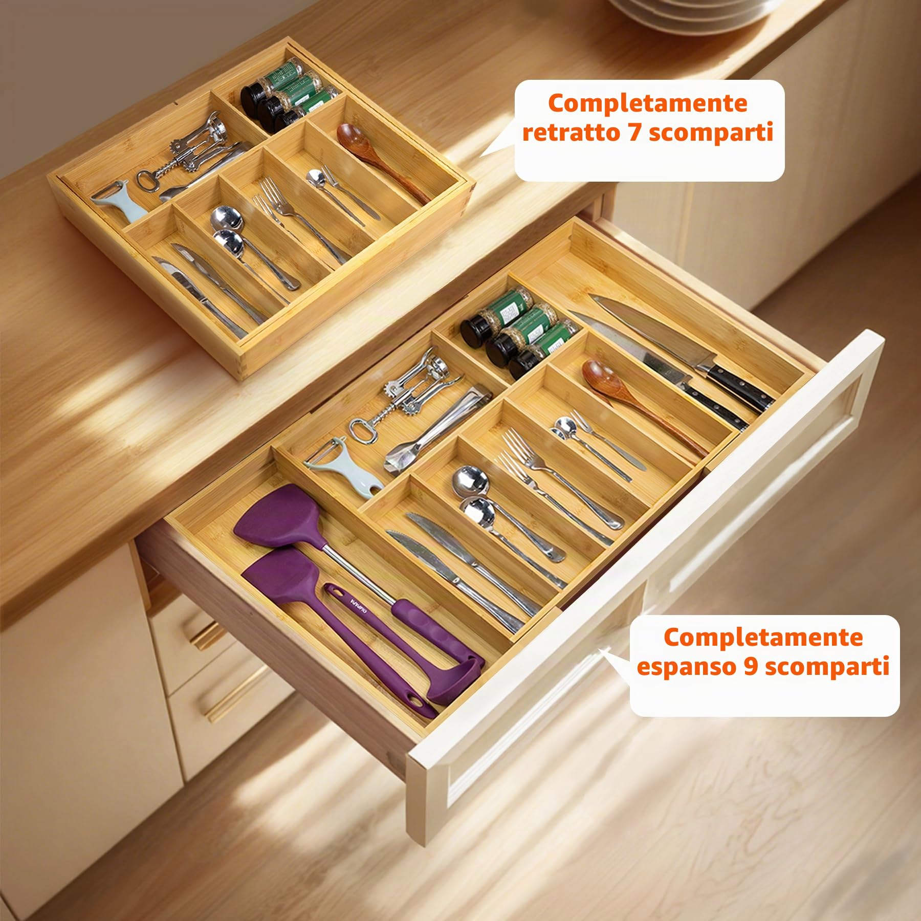 Utoplike Organizer extra large per cassetti da cucina, in bambù massiccio