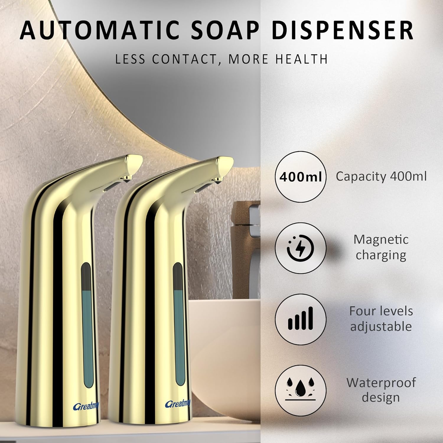 Convenient Automatic Soap Dispenser,4 Adjustable Levels Touchless Hand Sanitizer Pump with Infrared Sensor, Countertop Electric Soap Dispenser for Bathroom,Kitchen (Gold2)