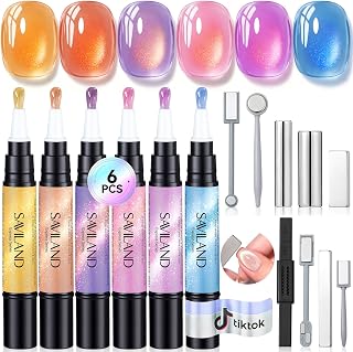 SAVILAND One Step Gel Nail Polish Pen with Cat Eye Magnet: 6 Caramel Lilac Pink Colors Cateye Gel Polish 3 In 1 Gels Polishs Set with 9PCS Cat Eye Magnet Nail Art Tools