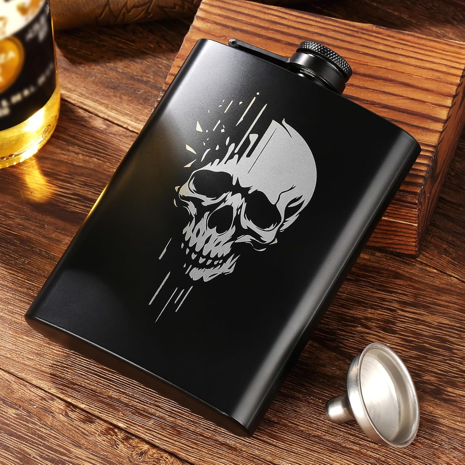 1pcs 8oz Stainless Steel Hip Flask, Pocket Flask, with Funnel and Greeting Card Gift Box, Golden Skull Pattern Personalised Flask Alcohol, Perfect for Camping, Hiking, and Outdoor Activities, Black