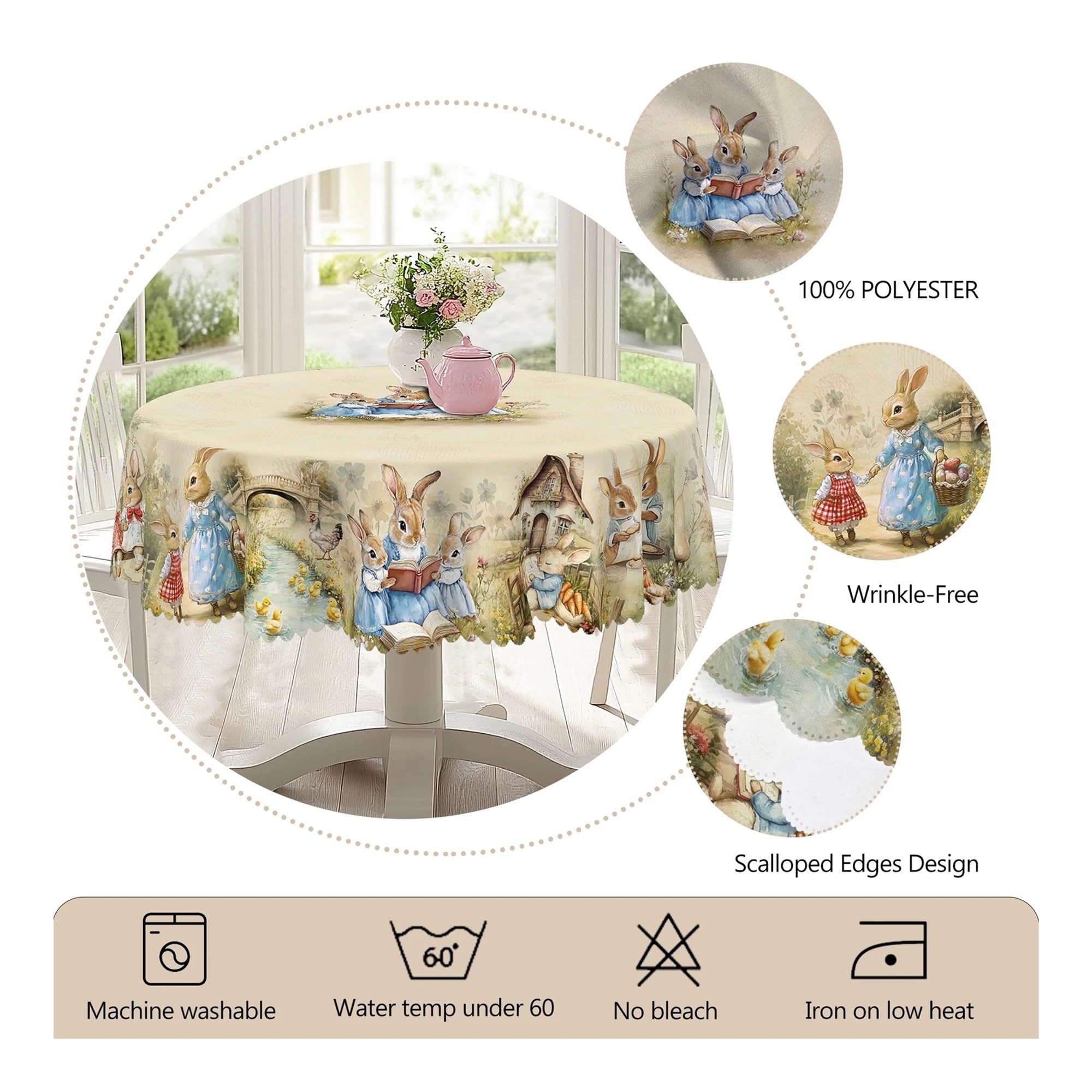 Mantel Redondo De Pascua, 5 Tamaños Disponibles, Proceso Estampado Borde Cuadrado con Flores Huevo Conejito Retro, 1 Ud