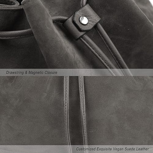 Vista 4 de AFKOMST Suede Bucket Bags for Women Medium Slouchy Shoulder Handbag and Drawstring Hobo Purse with 2 Convertible Straps Faux Suede, Spacious Room