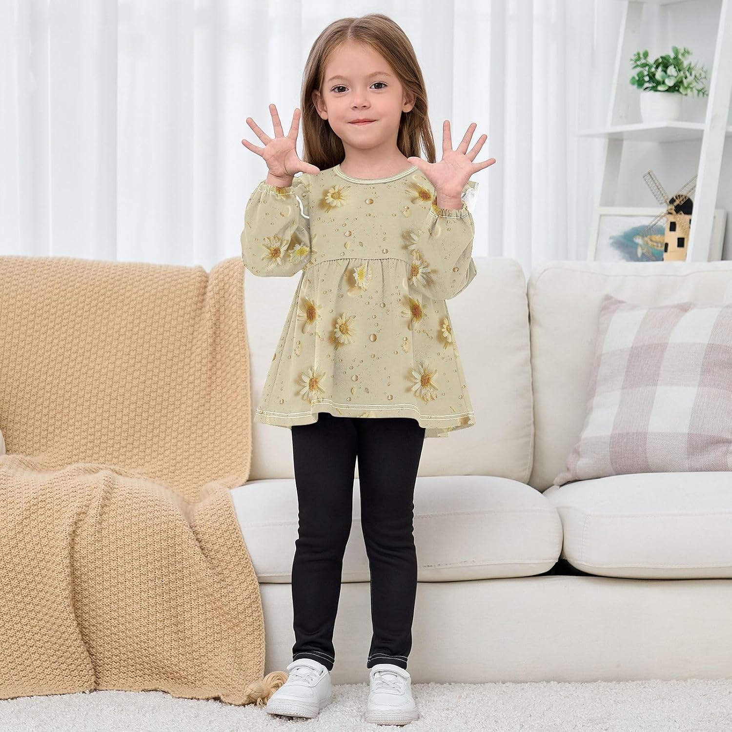 visesunny Toddler Clothes for Girls Morning Dew Daisy Long Sleeve Fall Shirts Cotton Top with Ruffle Collar
