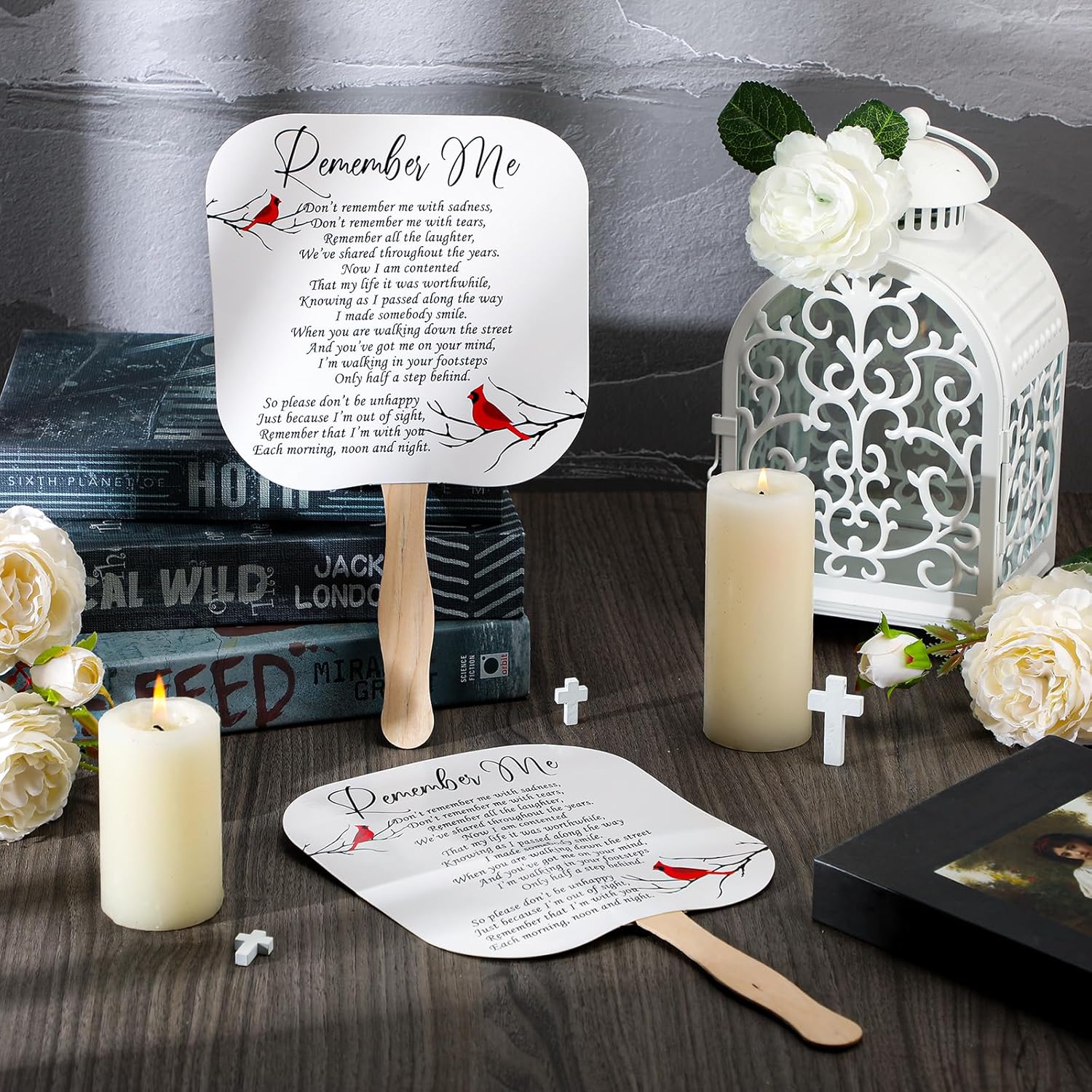 Teling 50 Pcs Funeral Favors for Guests Cardinals Memorial Gift Paper Fans Handheld Remember Me Paper Fans with Wooden for Guest Celebration of Life Decorations Services Sympathy Gift