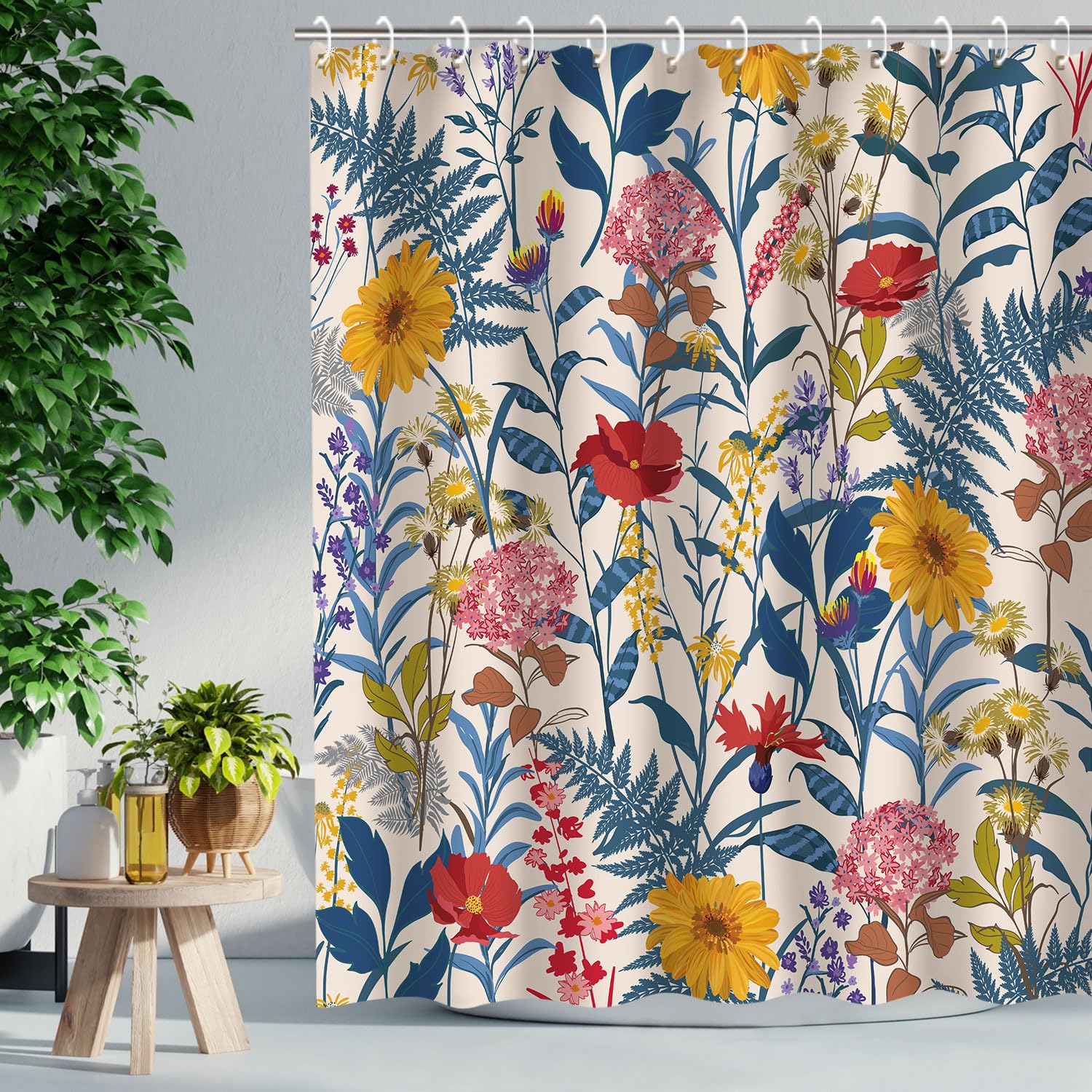 RosieLily Shower Curtains, Floral Shower Curtains Set with 12 Hooks, Colorful Florals and Leaves Shower Curtain, Bath Decorative, Waterproof Fabric Bathroom Curtain, 72''W x 72''H
